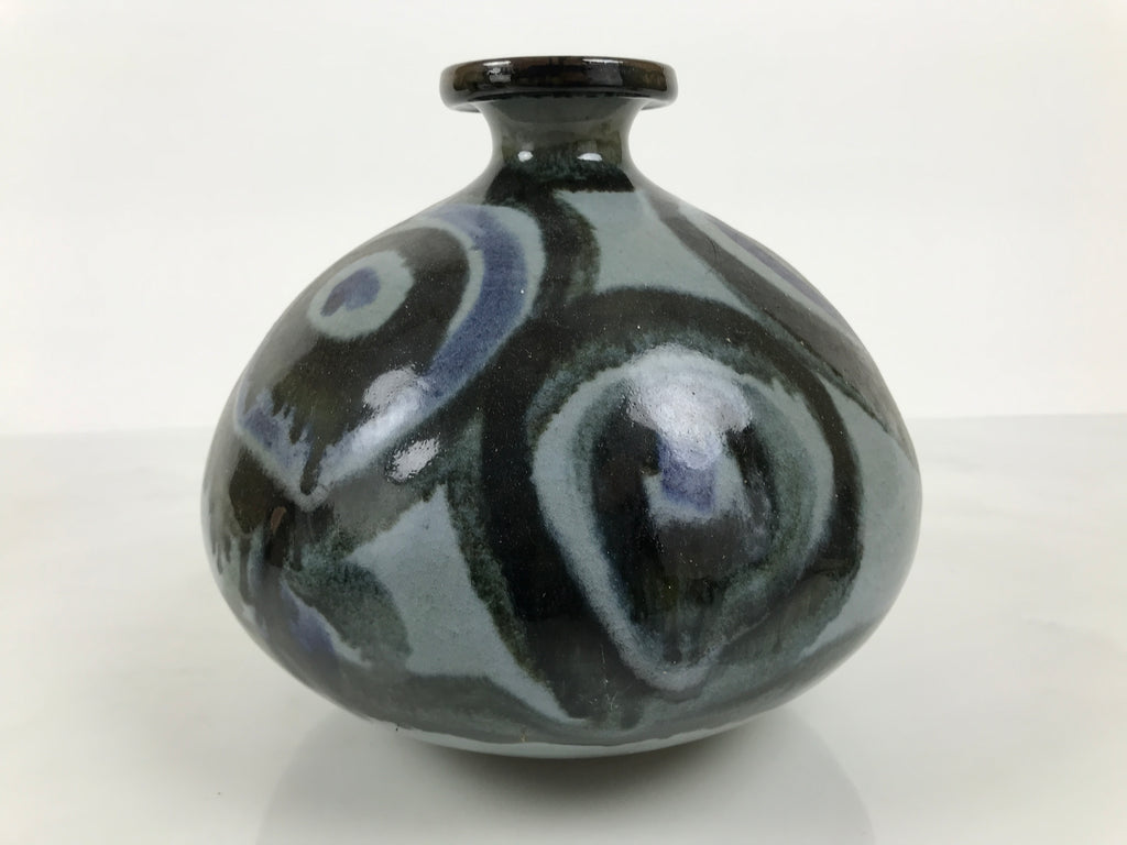 Japanese Ceramic Flower Vase Vtg Ikebana Kabin Gray Blue Black Whirl Wide FK260-KT - Vase-chidorivintage.com