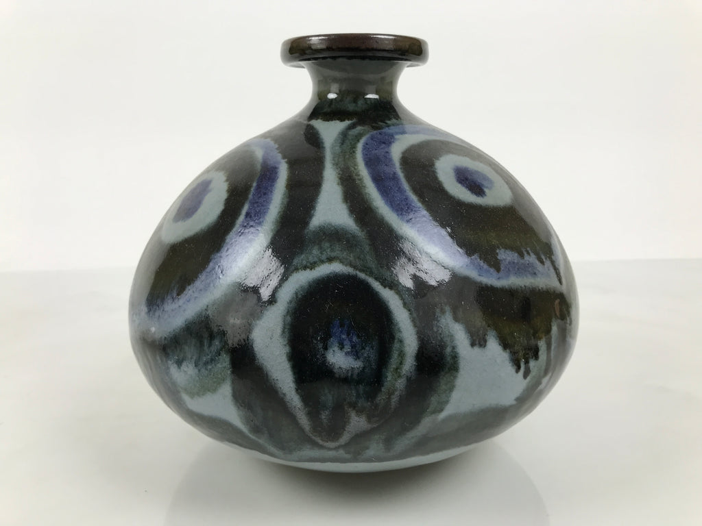 Japanese Ceramic Flower Vase Vtg Ikebana Kabin Gray Blue Black Whirl Wide FK260-KT - Vase-chidorivintage.com