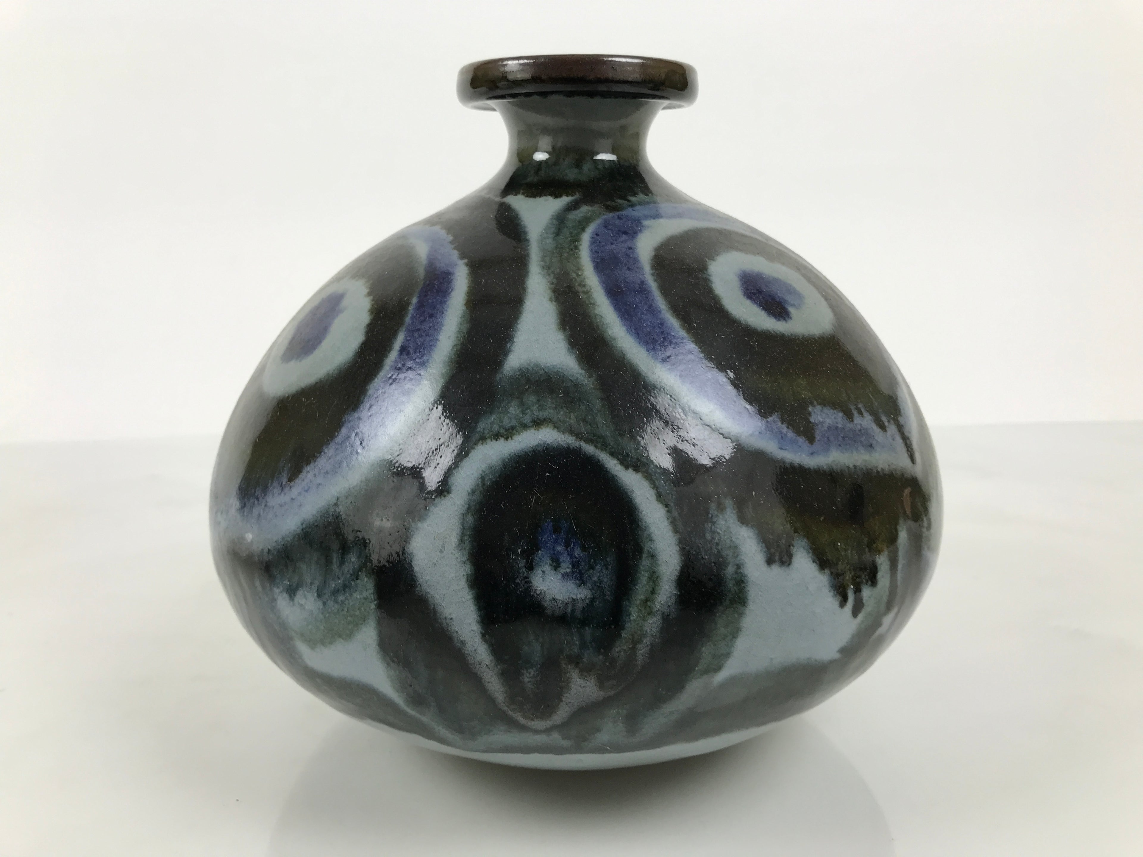 Japanese Ceramic Flower Vase Vtg Ikebana Kabin Gray Blue Black Whirl Wide FK260-KT - Vase-chidorivintage.com