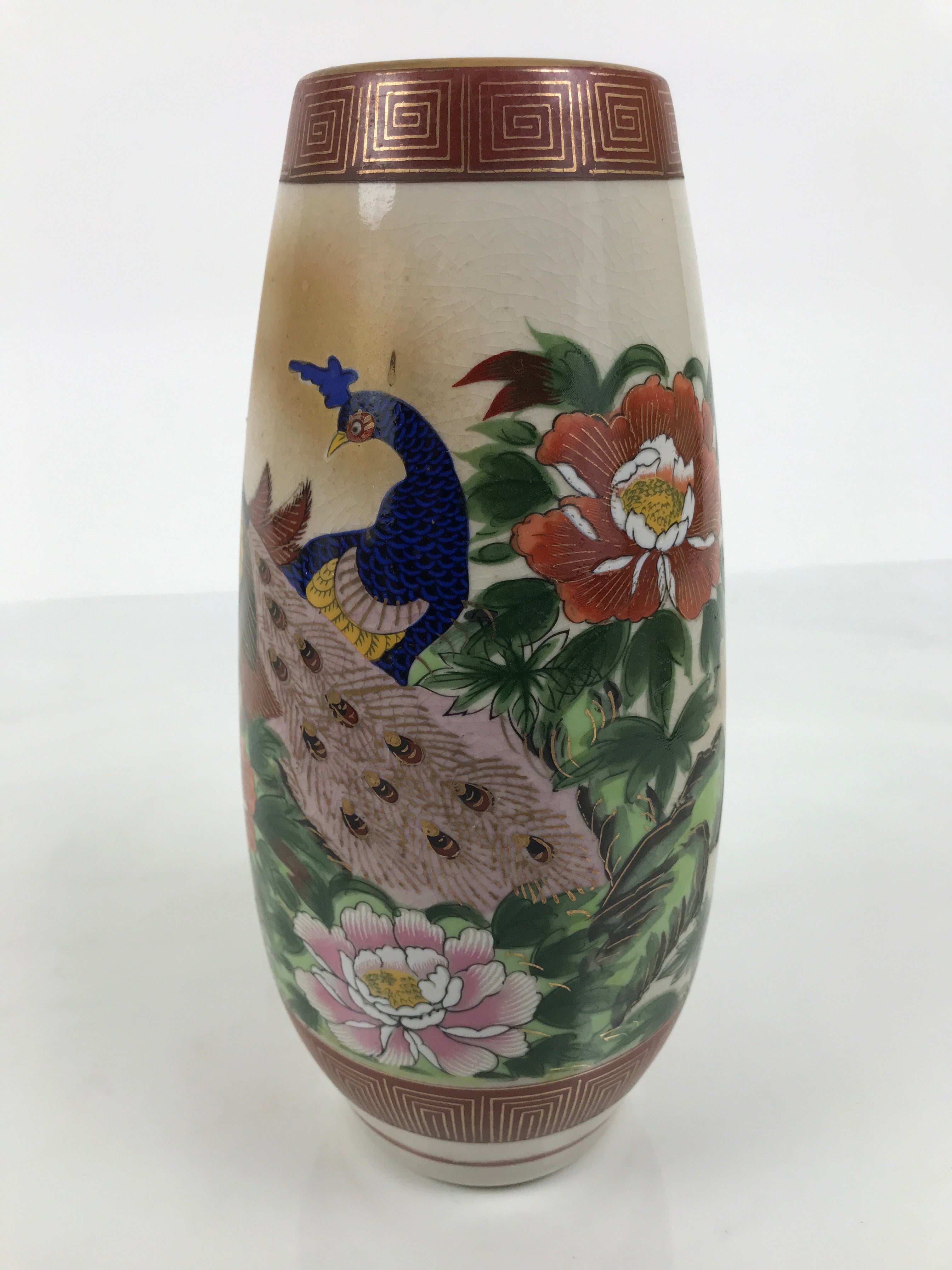 Japanese Kutani Ware Porcelain Flower Vase Vtg Ikebana Kabin Peacock Pair FK262-KT - Vase-chidorivintage.com