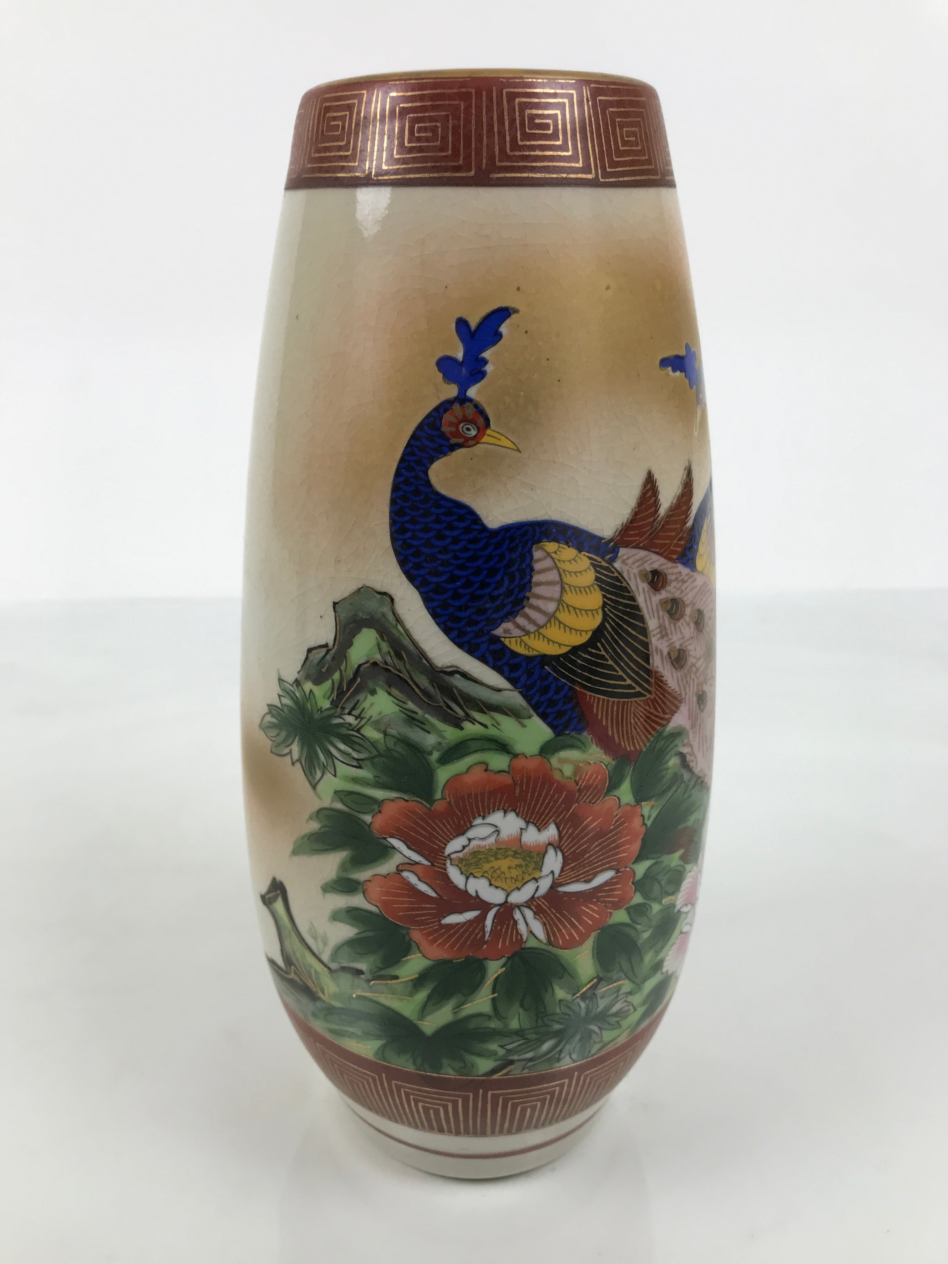 Japanese Kutani Ware Porcelain Flower Vase Vtg Ikebana Kabin Peacock Pair FK262-KT - Vase-chidorivintage.com