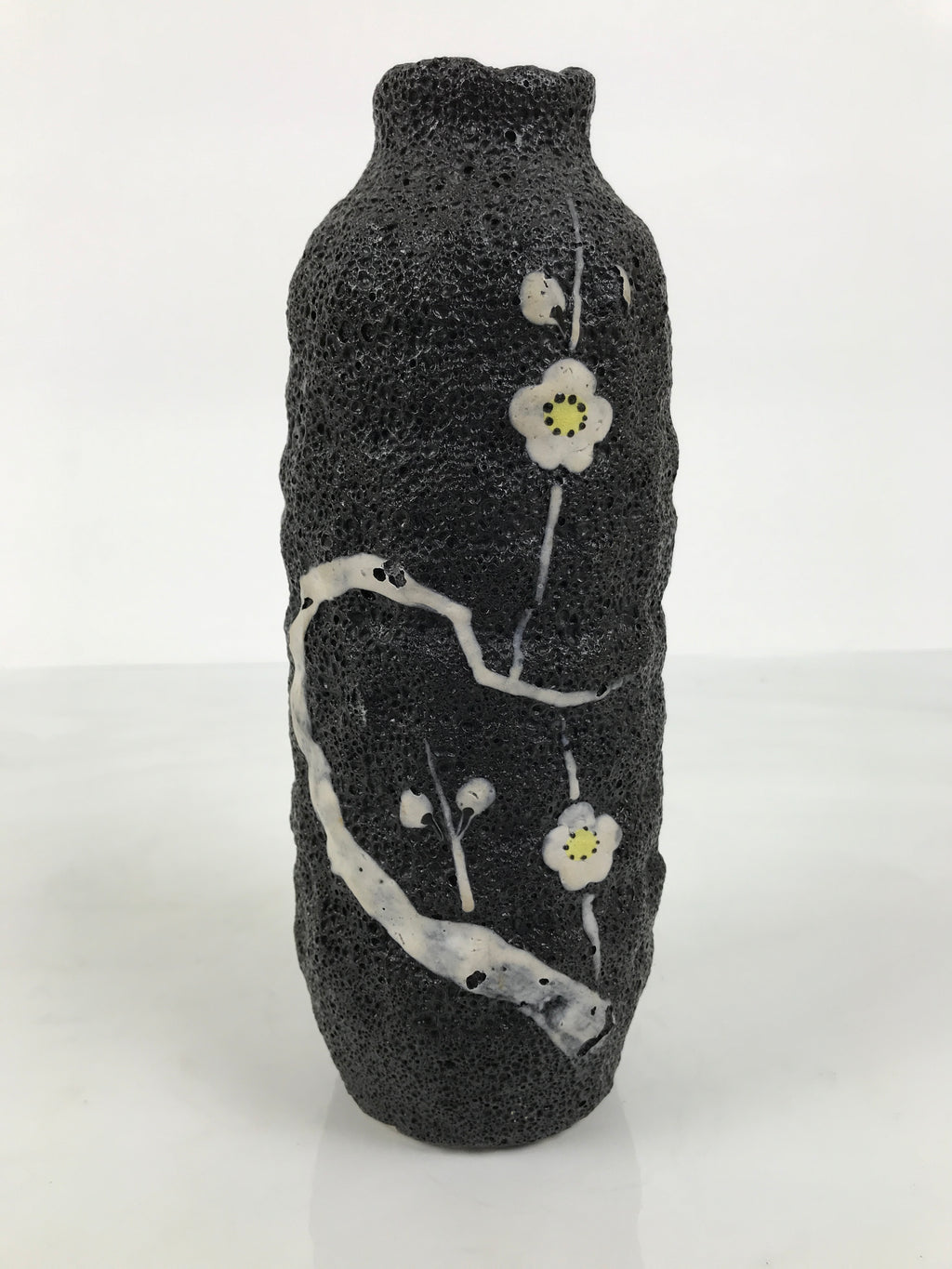 Japanese Ceramic Flower Vase Vtg Ikebana Kabin Lava Black Tall Plum Ume FK265-KT - Vase-chidorivintage.com