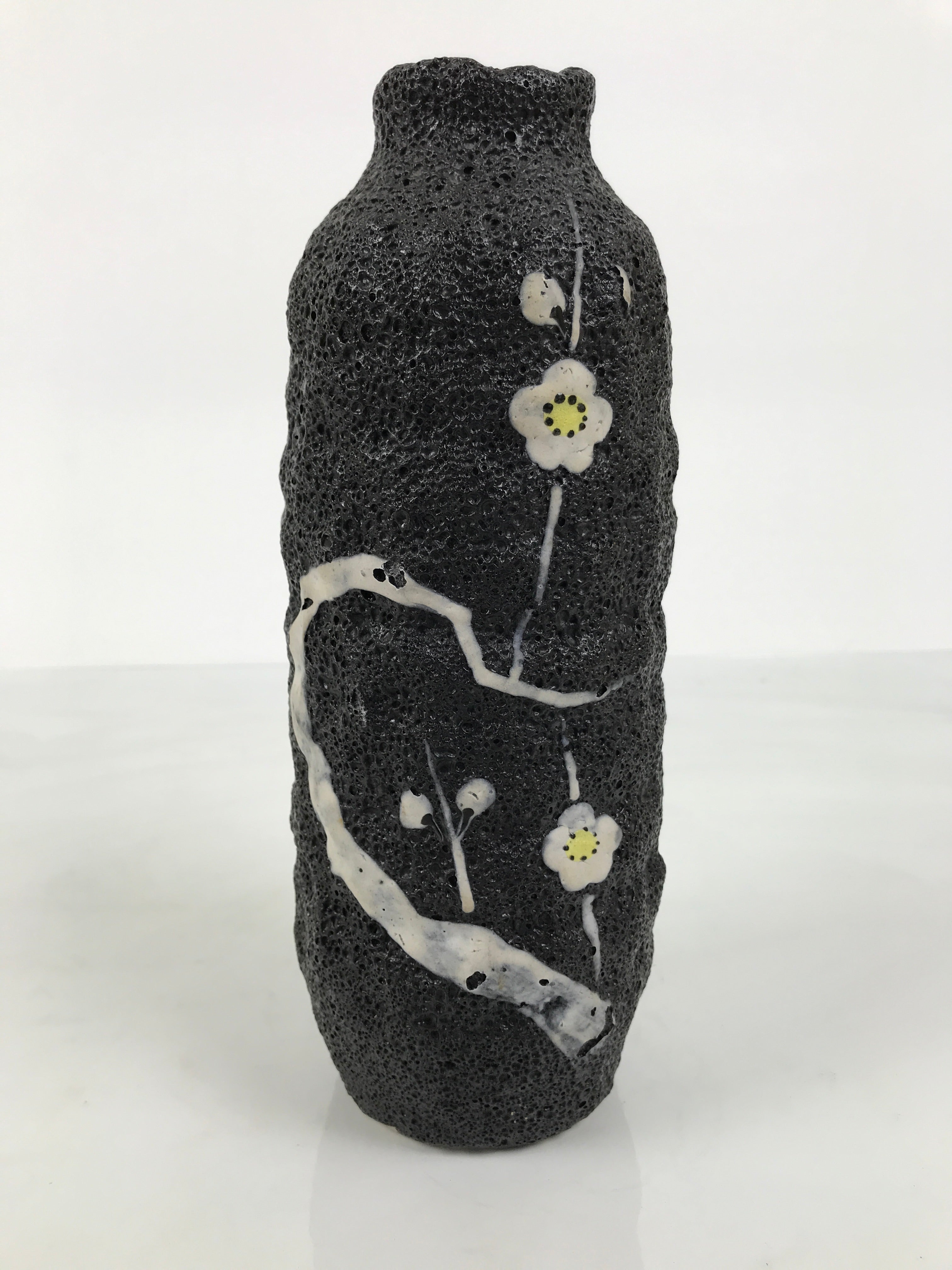 Japanese Ceramic Flower Vase Vtg Ikebana Kabin Lava Black Tall Plum Ume FK265-KT - Vase-chidorivintage.com