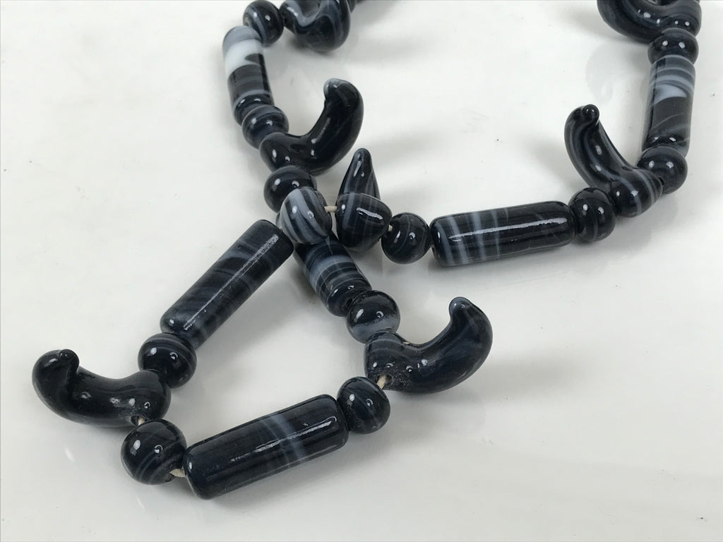 Japanese Glass Beads Necklace Vtg Magatama Trade White Black Marble JZ192-Other OT - Misc-chidorivintage.com