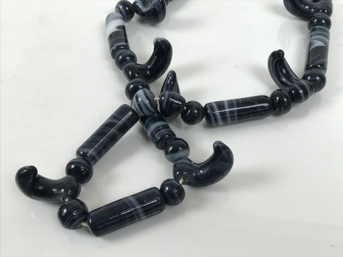 Japanese Glass Beads Necklace Vtg Magatama Trade White Black Marble JZ192-Other OT - Misc-chidorivintage.com