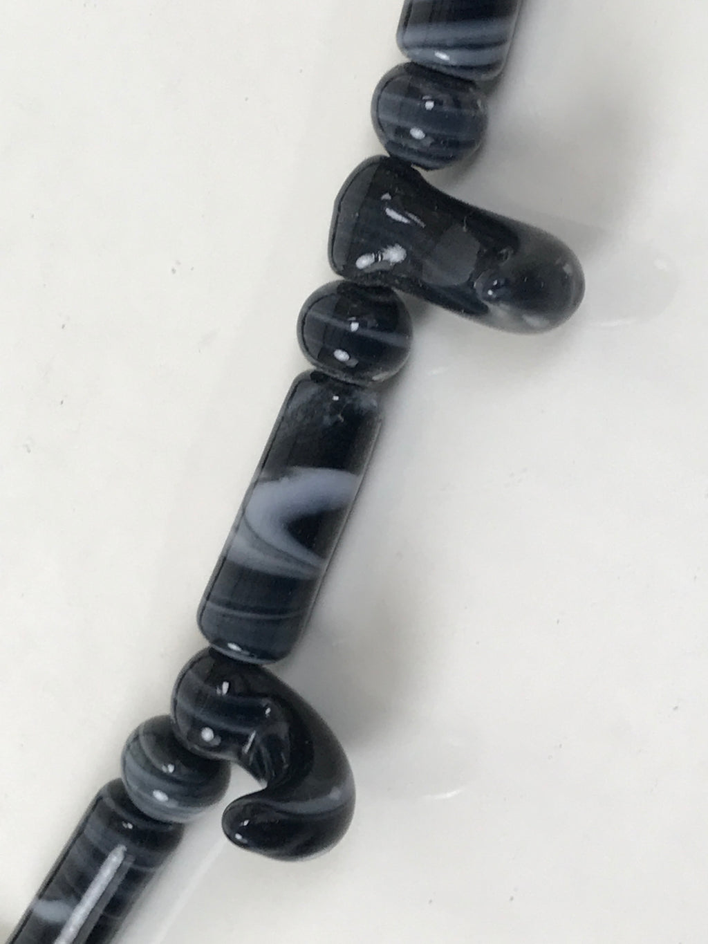 Japanese Glass Beads Necklace Vtg Magatama Trade White Black Marble JZ192-Other OT - Misc-chidorivintage.com