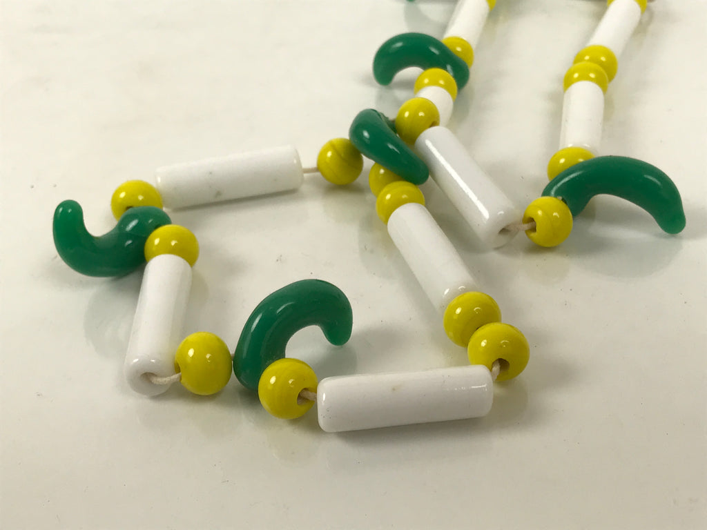 Japanese Glass Beads Necklace Vtg Magatama Trade White Green Yellow JZ191-Other OT - Misc-chidorivintage.com
