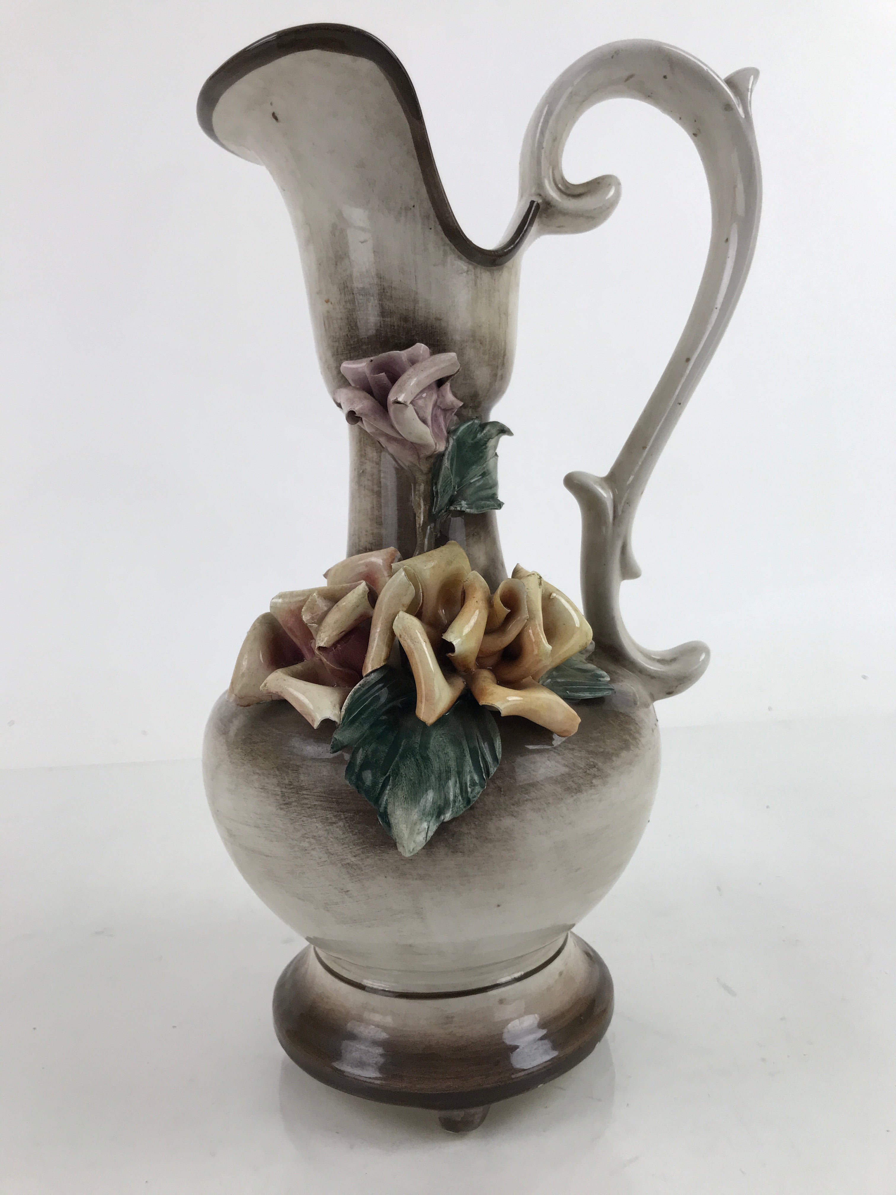 Italian Capodimonte Ceramic Flower Vase Vtg 3D Roses Embellishments FK160