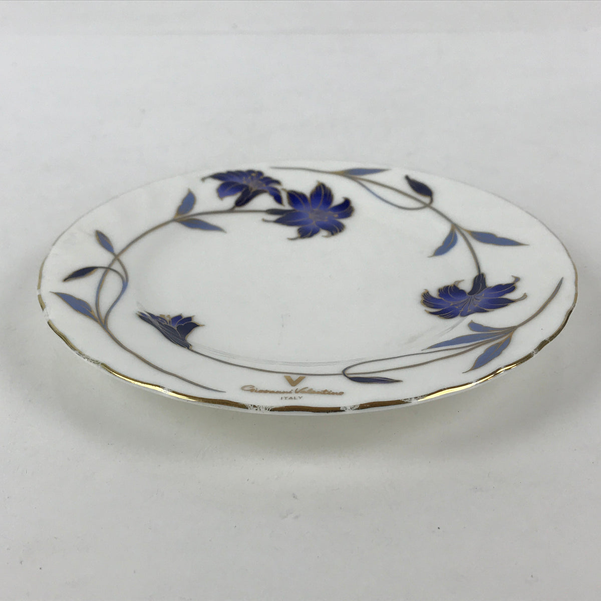Italian Giovanni Valentino Porcelain Plate Blue Gold Flower Design White PY245