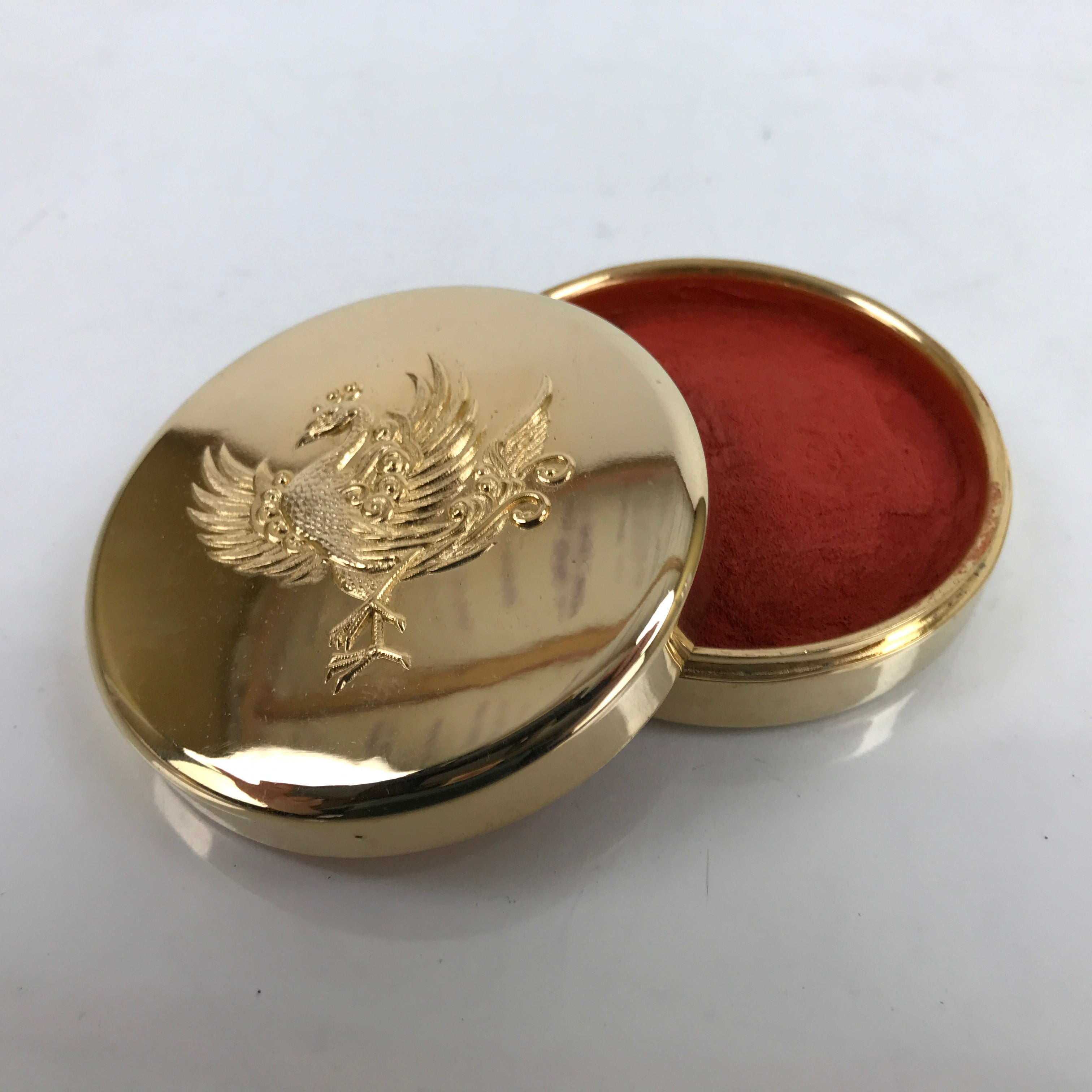 Japanese 24KGP Hanko Ink Pad Case Vtg Gold Red Shuniku Box Ho-Oh Bird SZ61