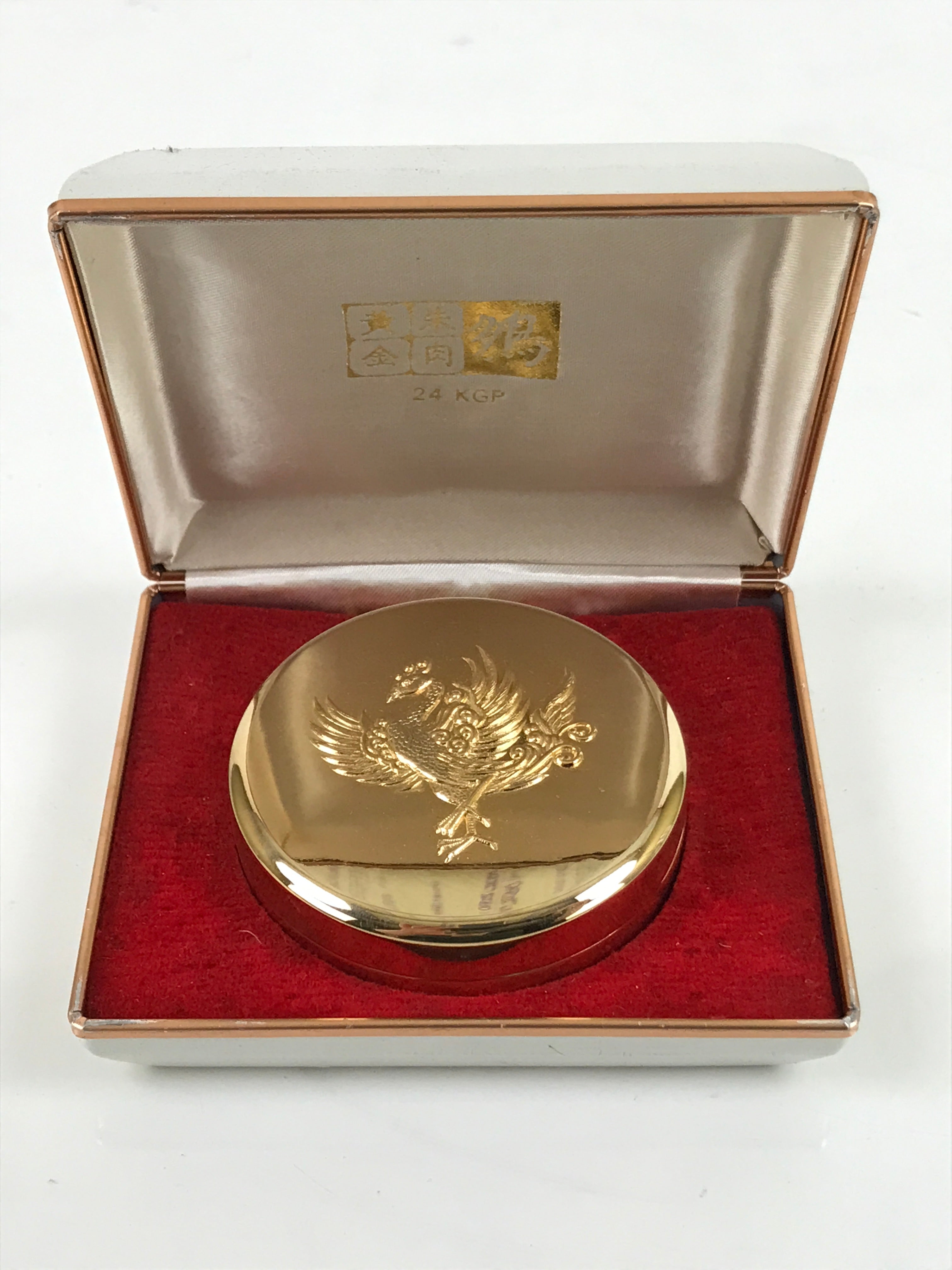 Japanese 24KGP Hanko Ink Pad Case Vtg Gold Red Shuniku Box Ho-Oh Bird SZ61