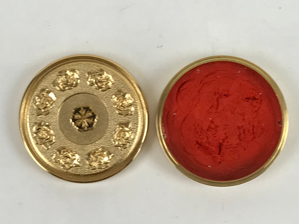 Japanese 24KGP Hanko Ink Pad Case Vtg Gold Red Shuniku Rose Mandala w/Box SZ58