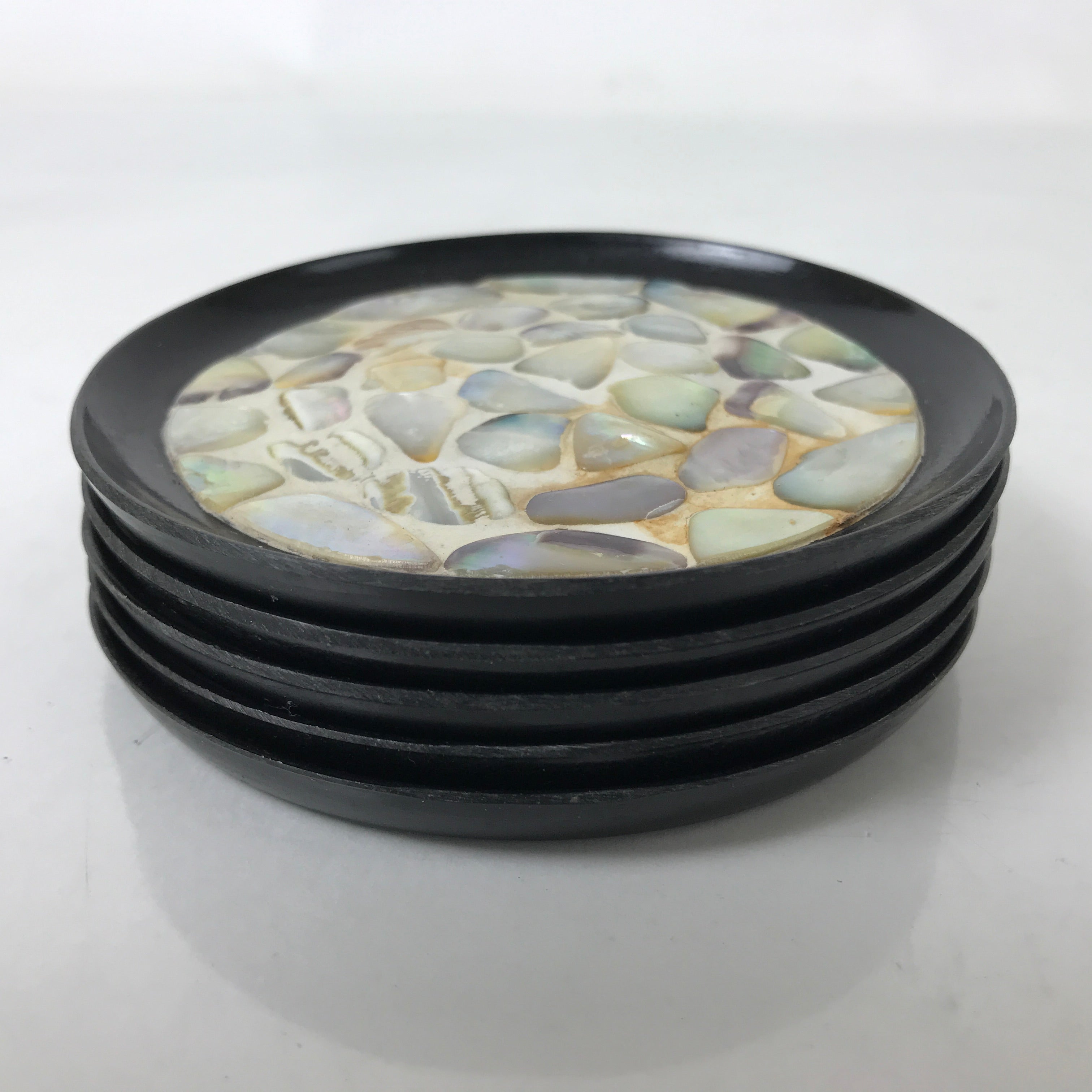 Japanese Abalone Shell Drink Saucer Vtg Chataku Coaster 5pc Black Resin L391