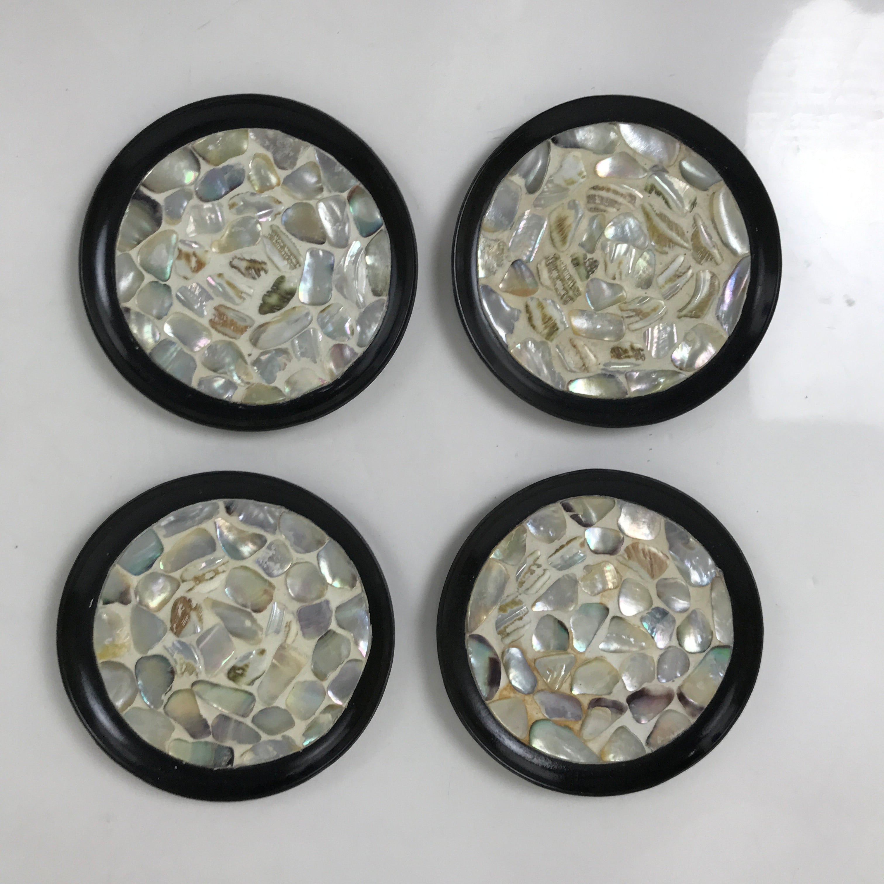 Japanese Abalone Shell Drink Saucer Vtg Chataku Coaster 5pc Black Resin L391