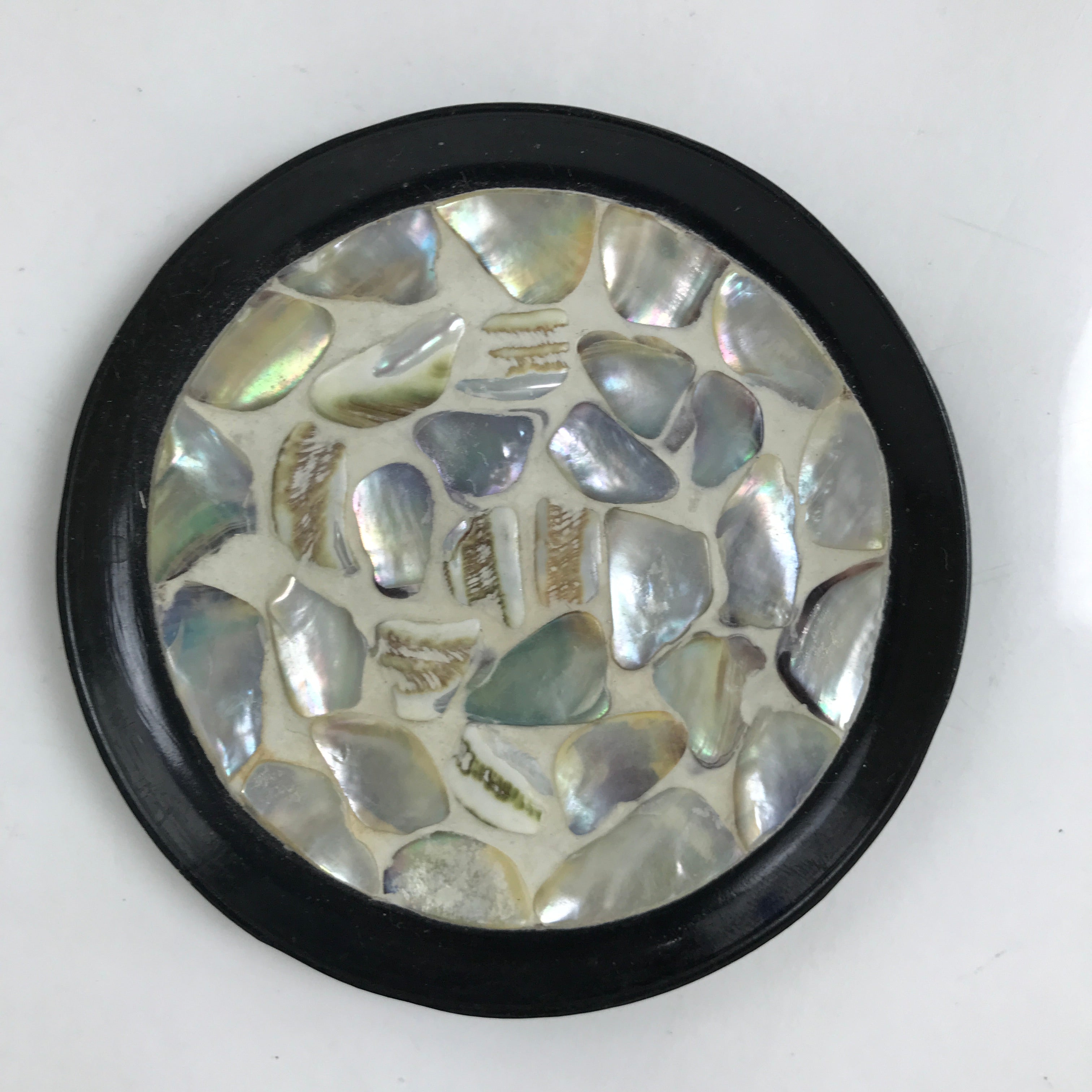 Japanese Abalone Shell Drink Saucer Vtg Chataku Coaster 5pc Black Resin L391
