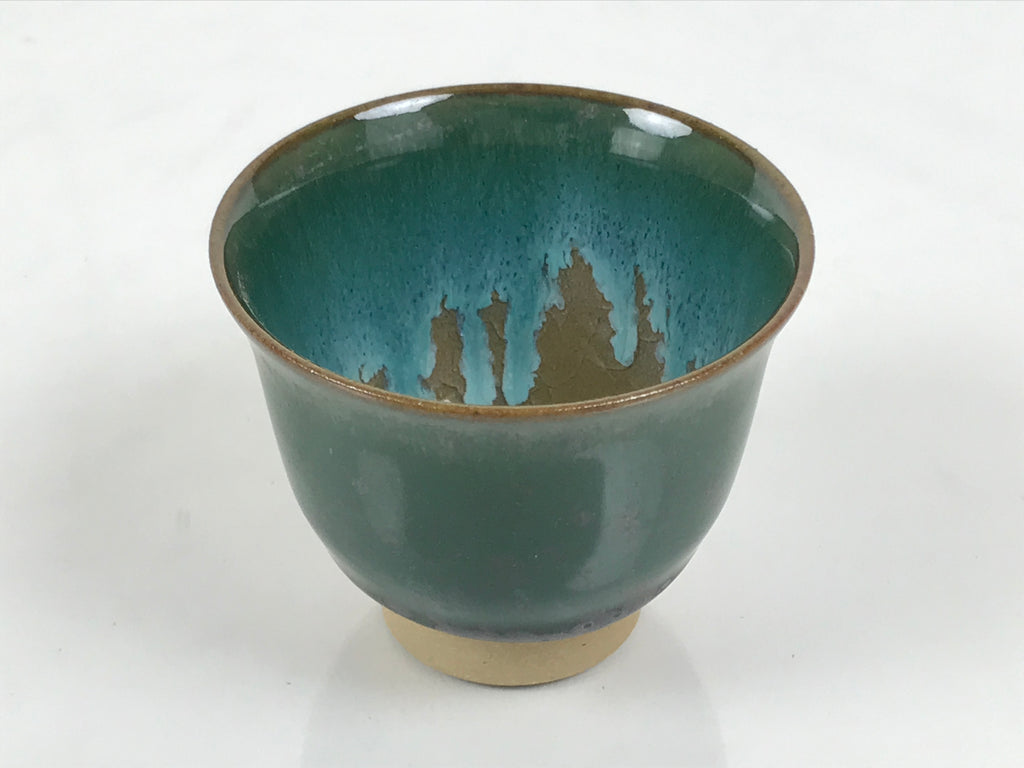 Japanese Agano Ware Ceramic Yunomi Teacup Pottery Vtg Green Beige Small TC619