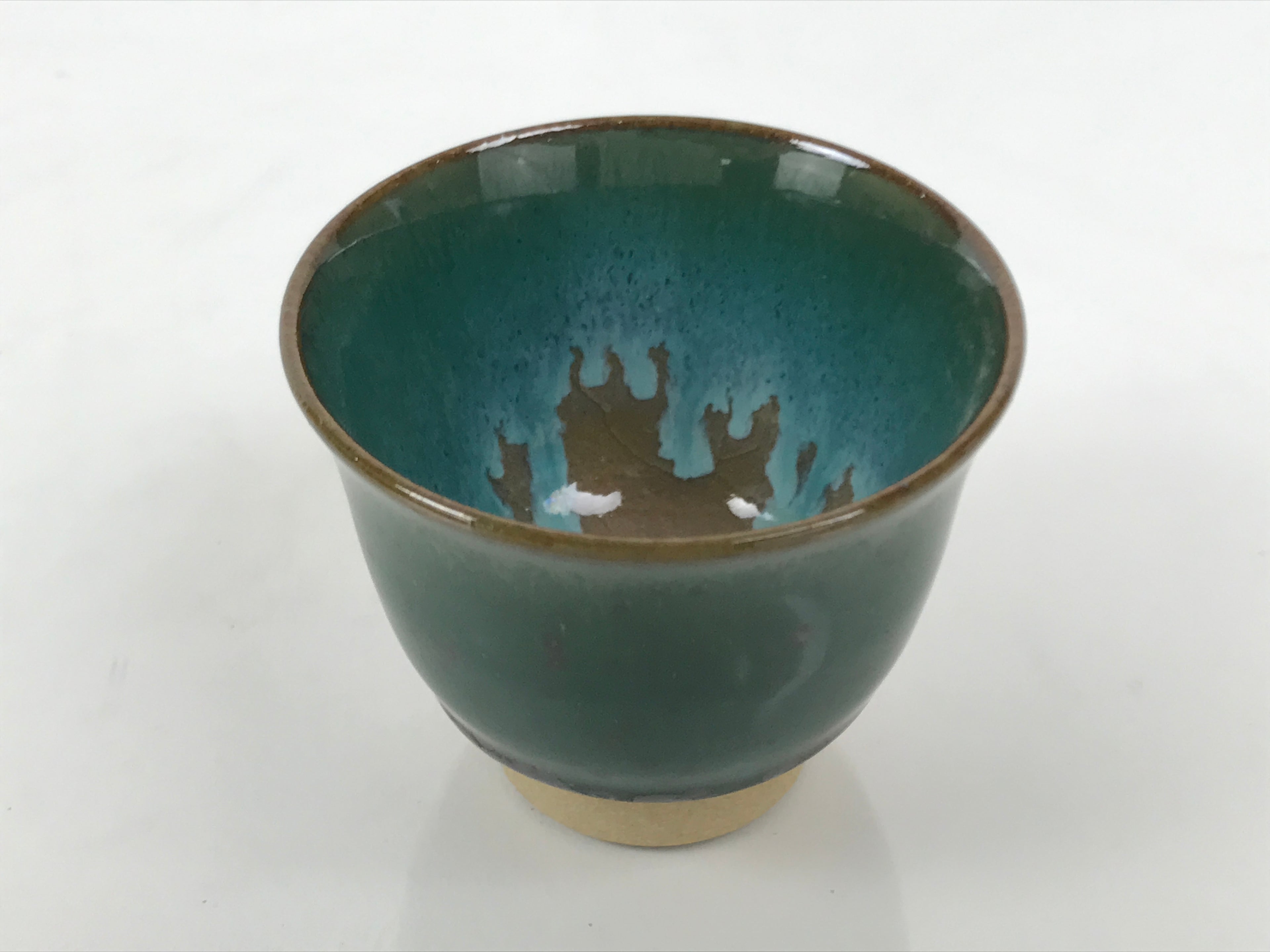 Japanese Agano Ware Ceramic Yunomi Teacup Pottery Vtg Green Beige Small TC620
