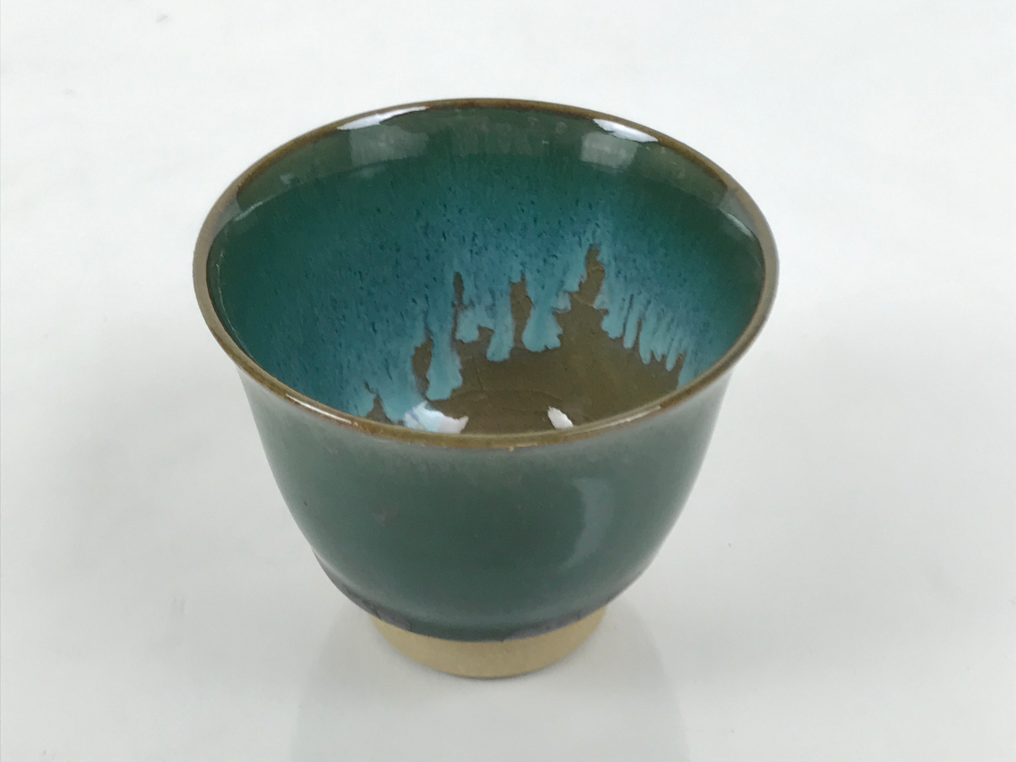 Japanese Agano Ware Ceramic Yunomi Teacup Pottery Vtg Green Beige Small TC622