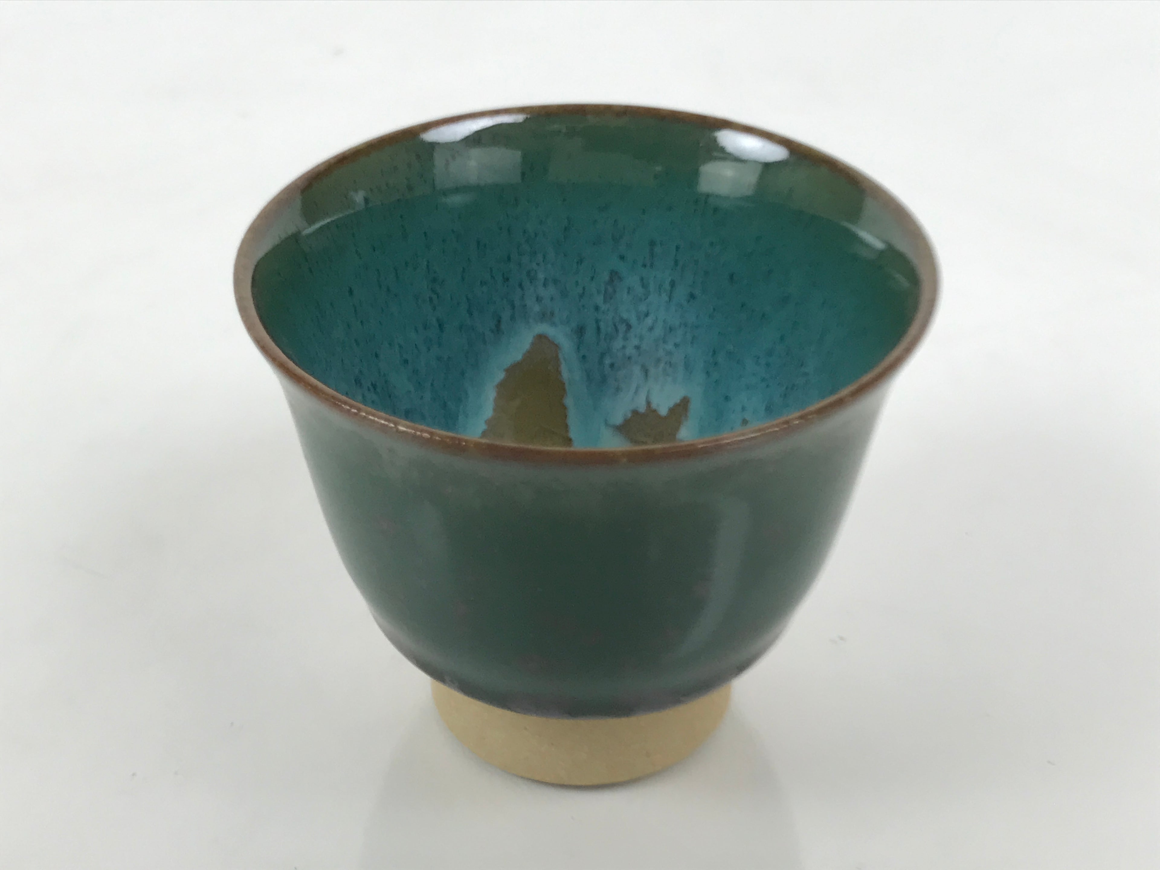 Japanese Agano Ware Ceramic Yunomi Teacup Pottery Vtg Green Beige Small TC623