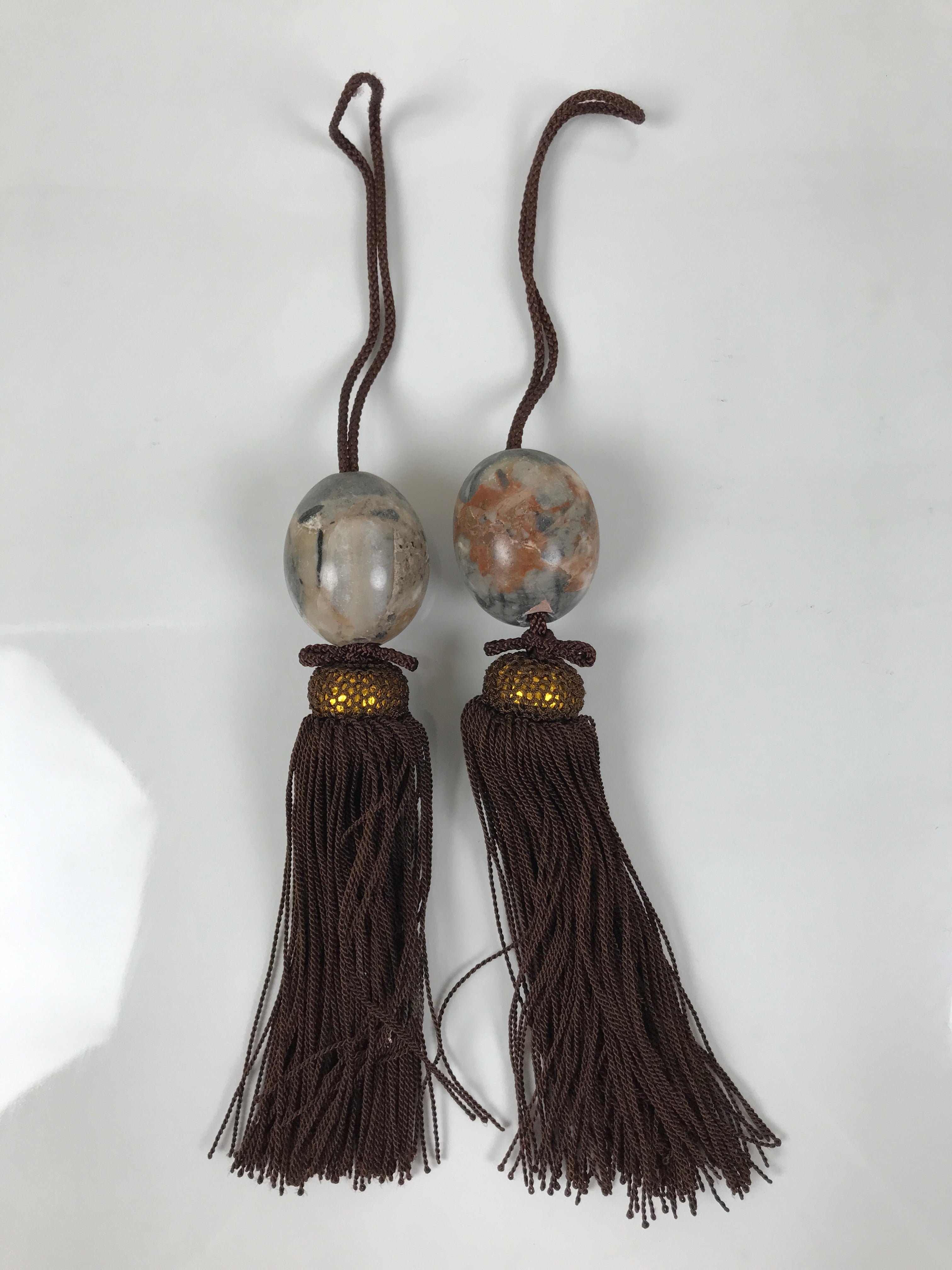 Japanese Agate Stone Hanging Scroll Weights Fuchin Kakejiku Brown Tassel FC365