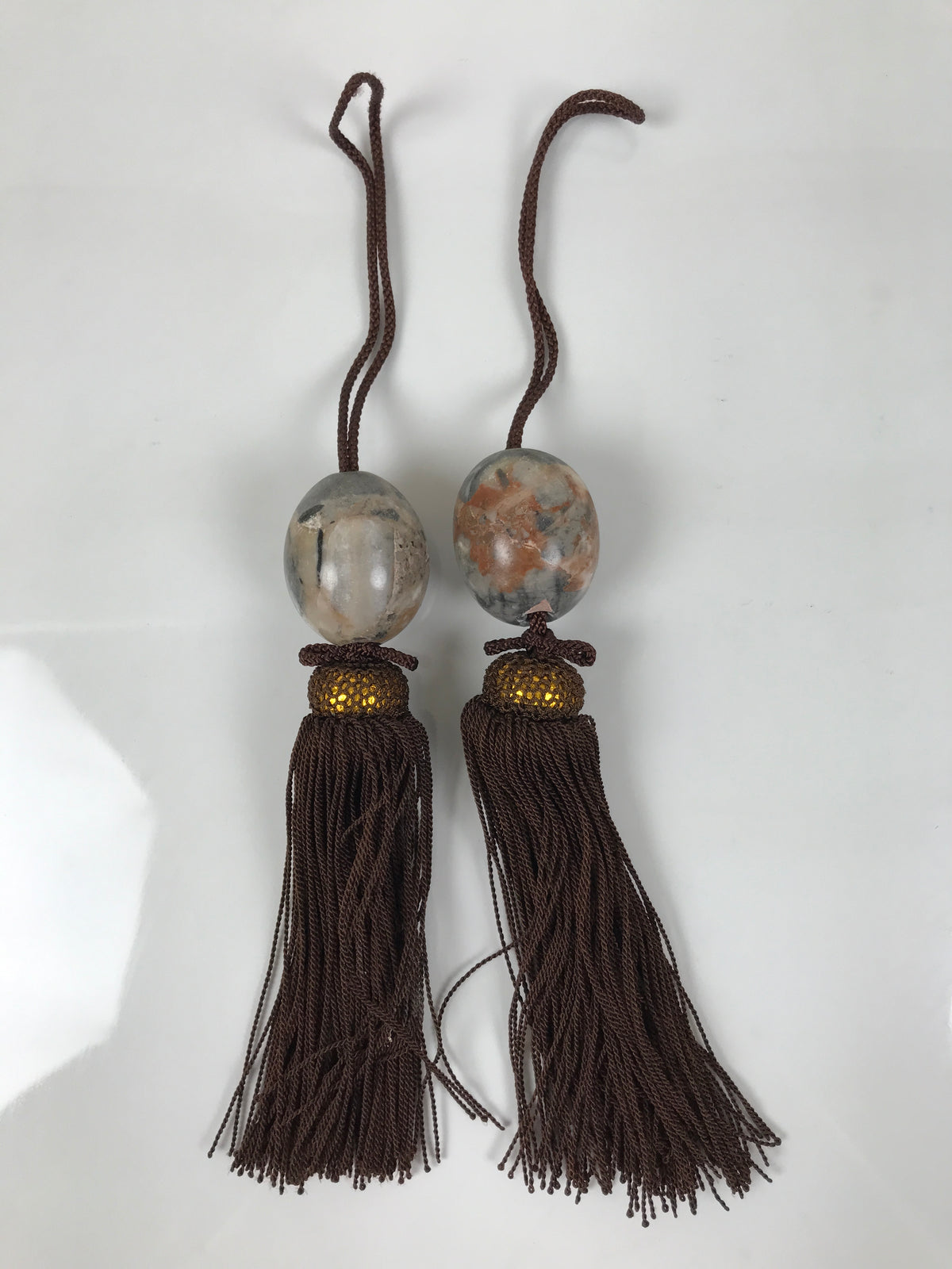 Japanese Agate Stone Hanging Scroll Weights Fuchin Kakejiku Brown Tassel FC365