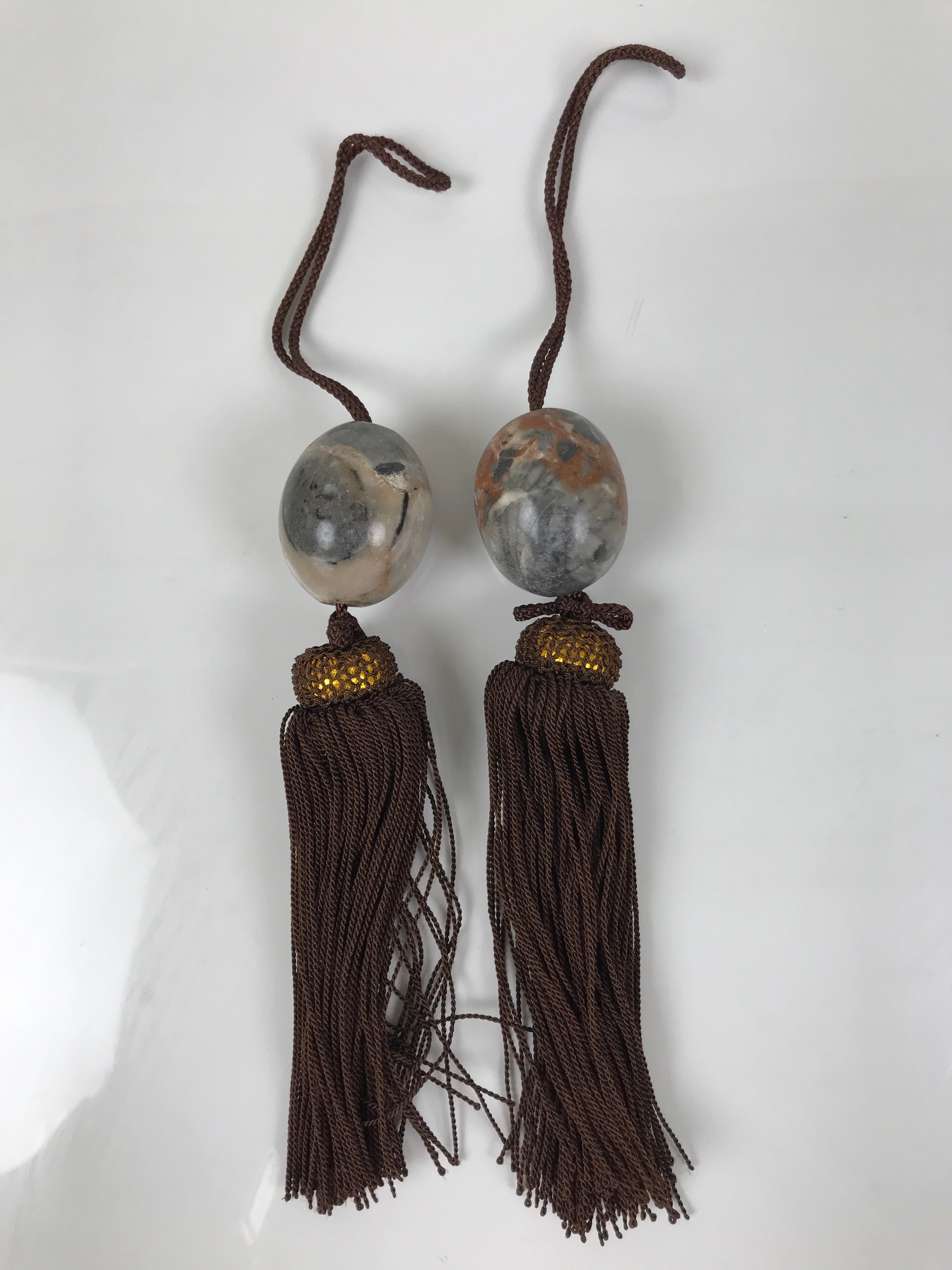 Japanese Agate Stone Hanging Scroll Weights Fuchin Kakejiku Brown Tassel FC365