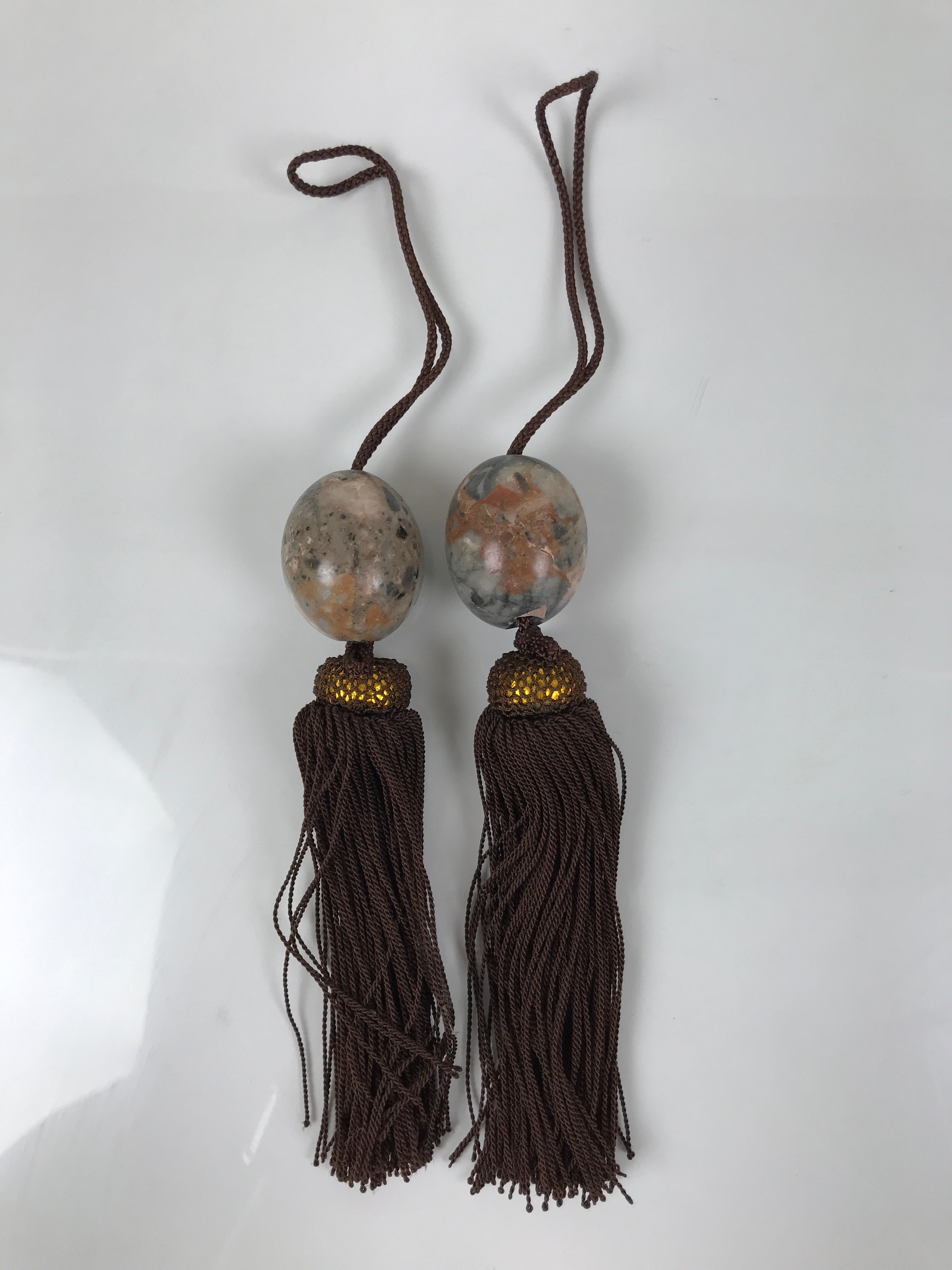 Japanese Agate Stone Hanging Scroll Weights Fuchin Kakejiku Brown Tassel FC365