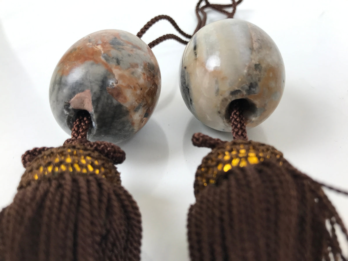 Japanese Agate Stone Hanging Scroll Weights Fuchin Kakejiku Brown Tassel FC365