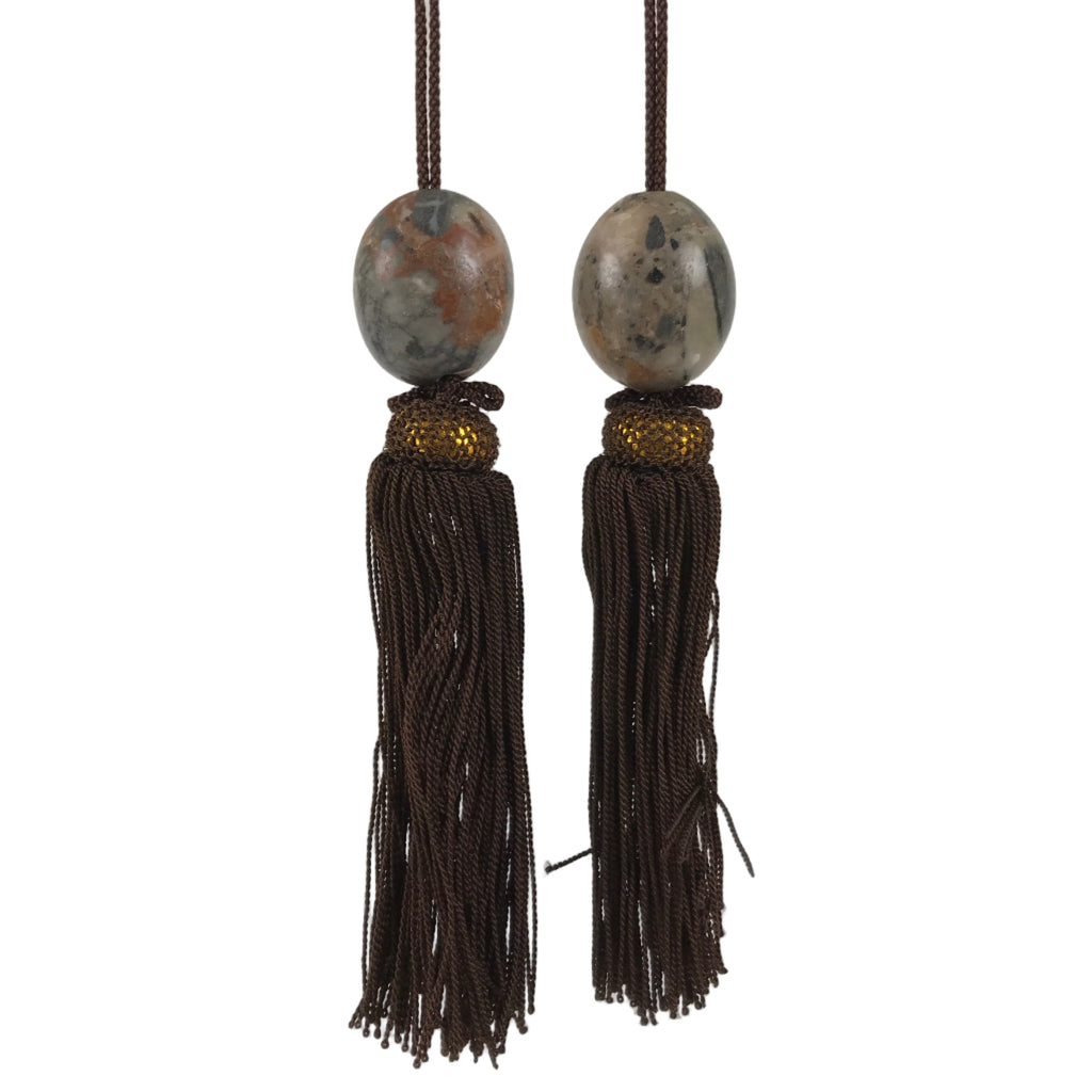 Japanese Agate Stone Hanging Scroll Weights Fuchin Kakejiku Brown Tassel FC365