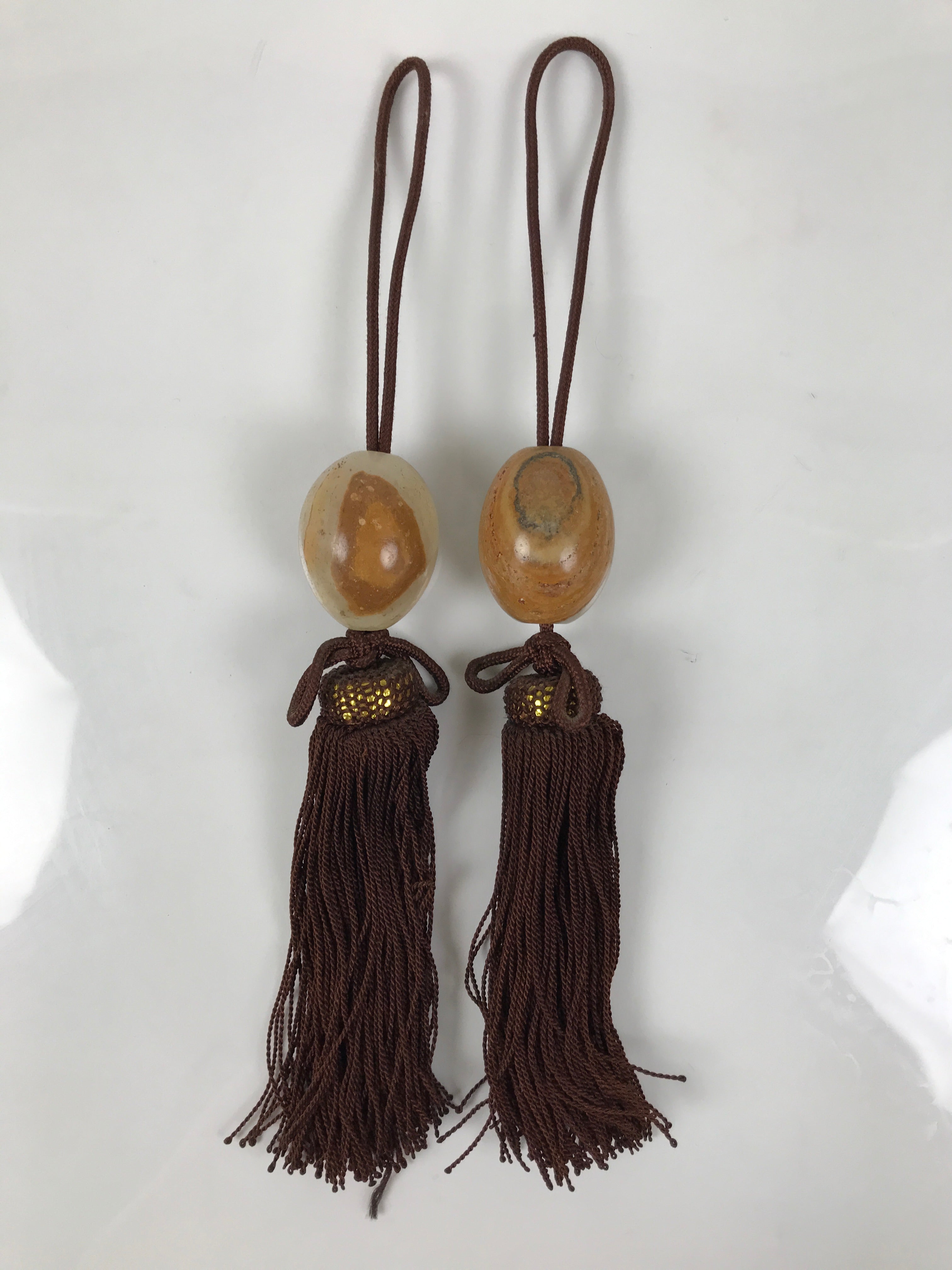 Japanese Agate Stone Hanging Scroll Weights Fuchin Kakejiku Brown Tassel FC369