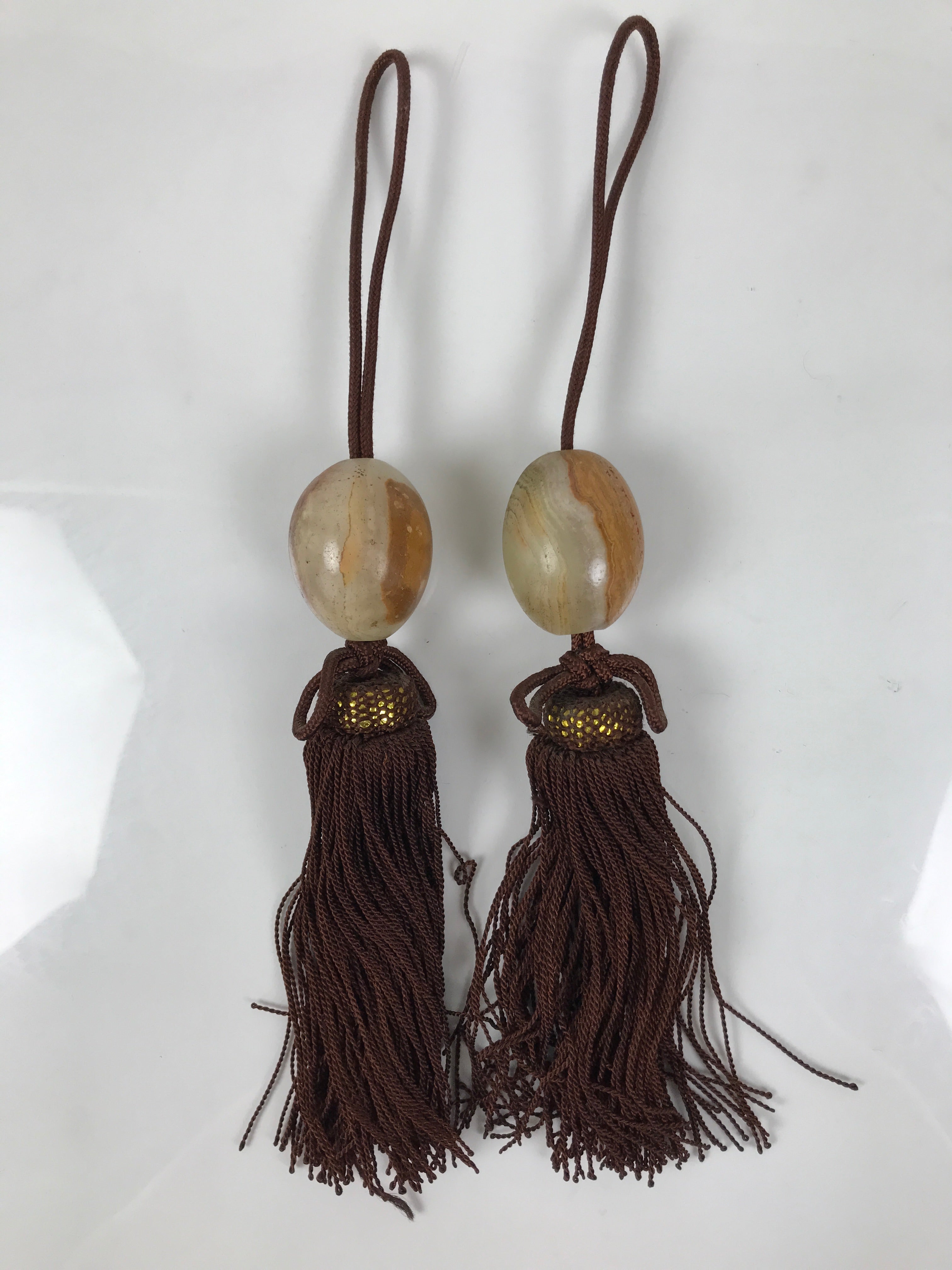 Japanese Agate Stone Hanging Scroll Weights Fuchin Kakejiku Brown Tassel FC369