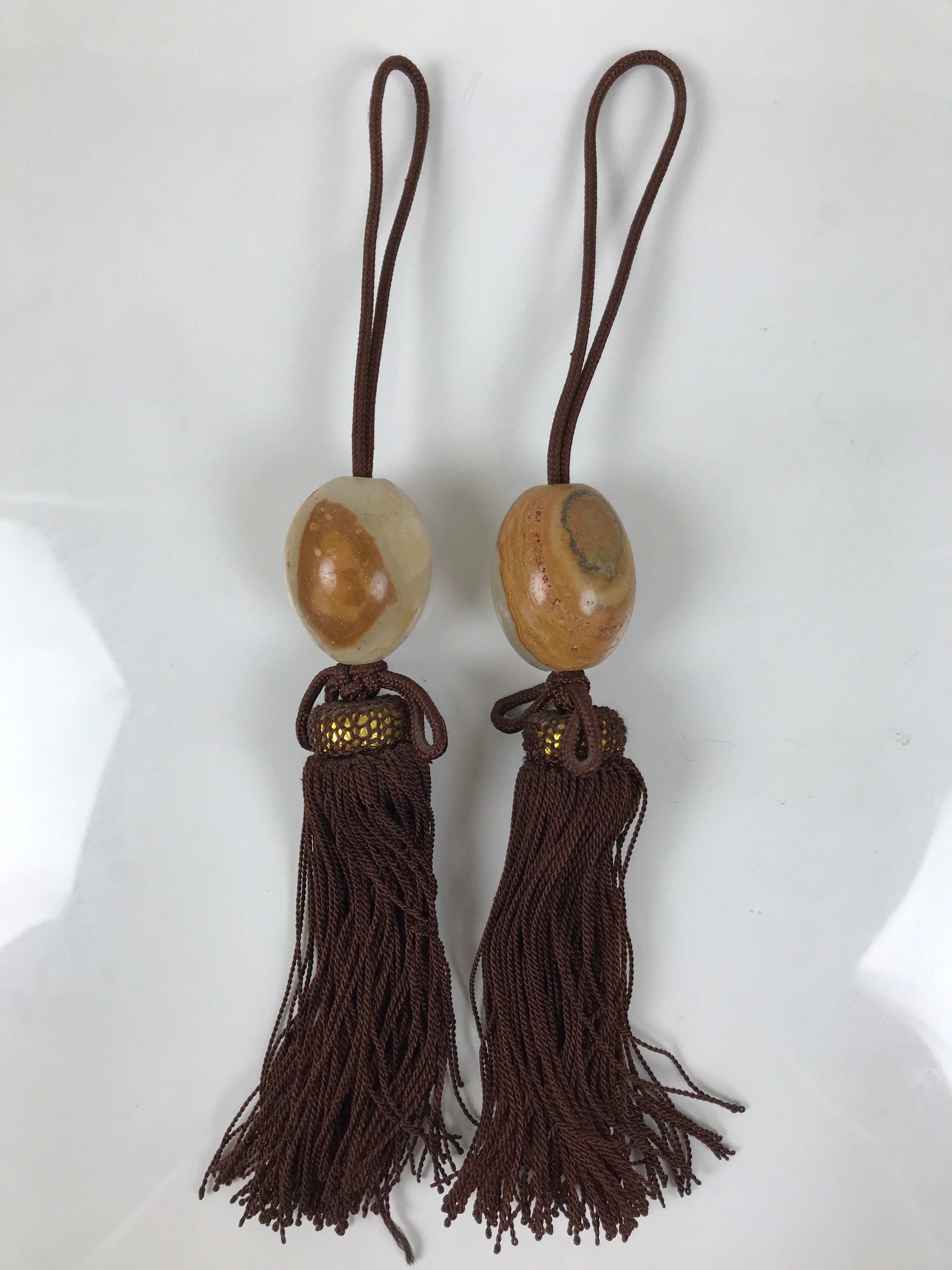Japanese Agate Stone Hanging Scroll Weights Fuchin Kakejiku Brown Tassel FC369