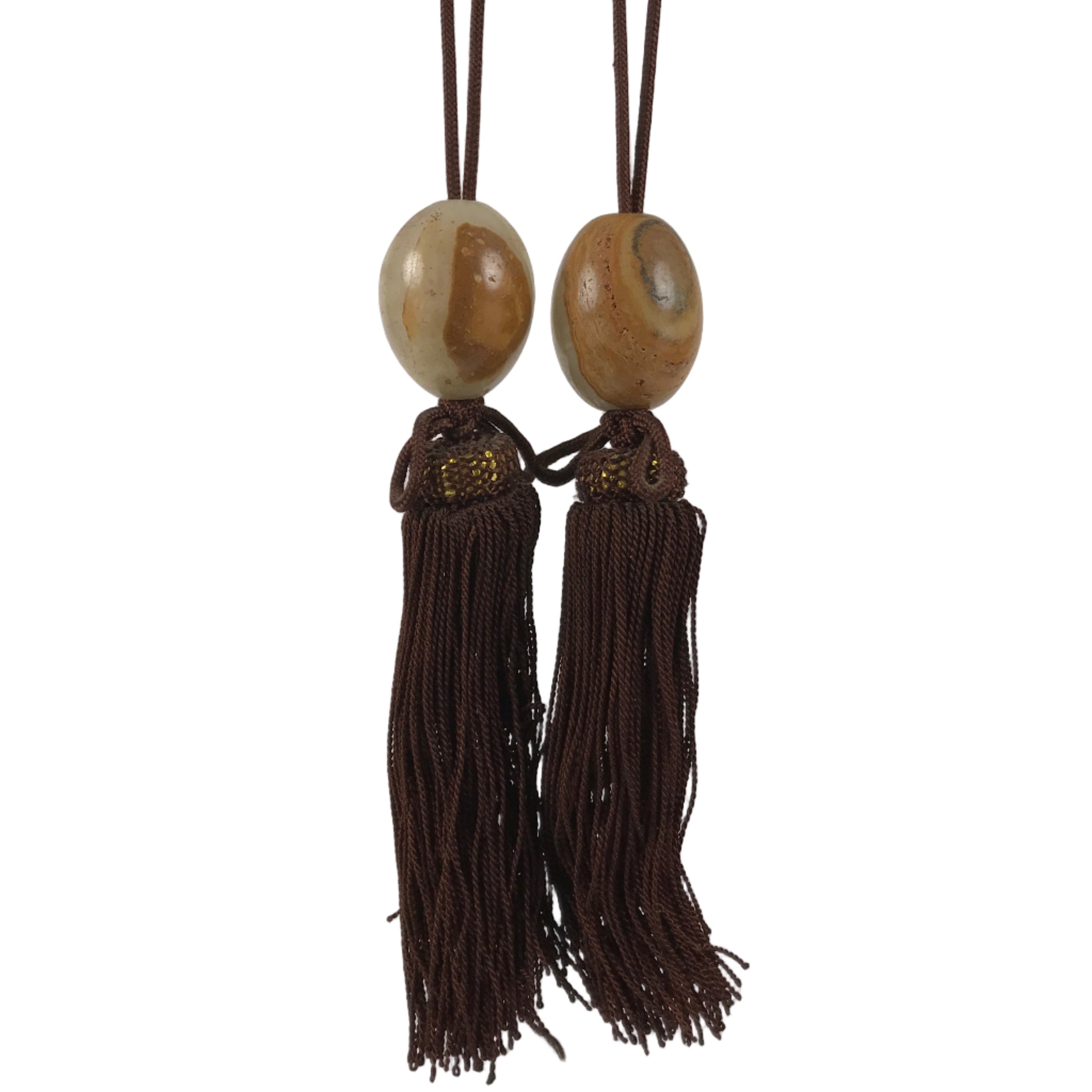 Japanese Agate Stone Hanging Scroll Weights Fuchin Kakejiku Brown Tassel FC369