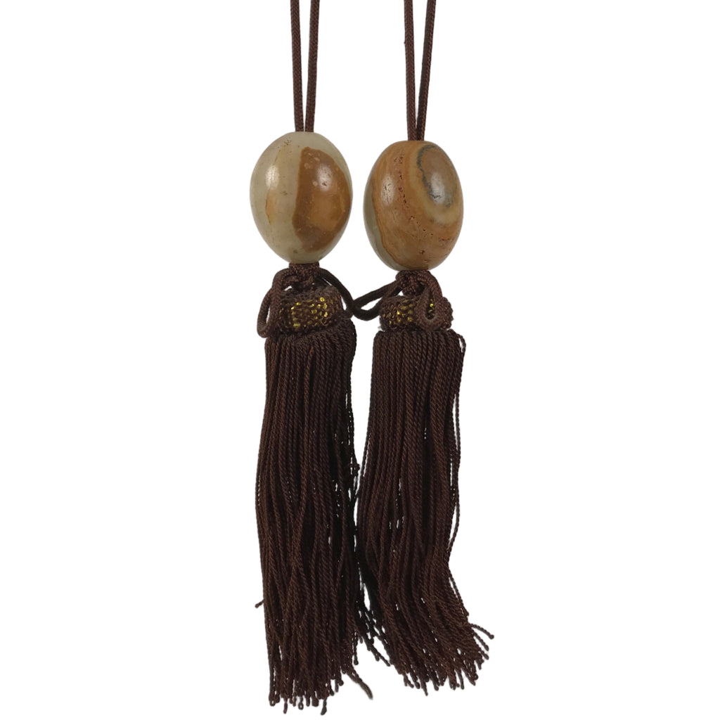 Japanese Agate Stone Hanging Scroll Weights Fuchin Kakejiku Brown Tassel FC369