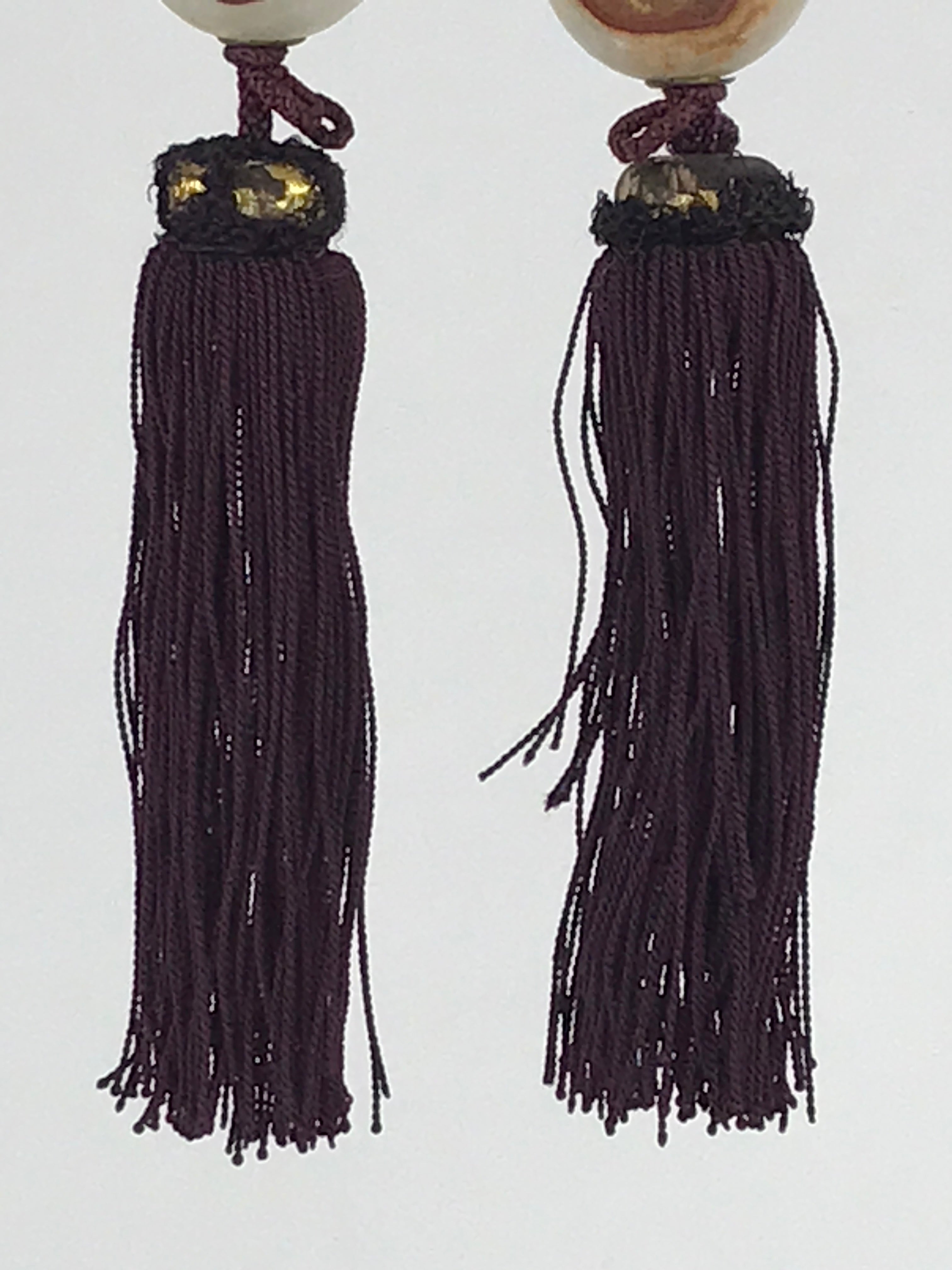 Japanese Agate Stone Hanging Scroll Weights Fuchin Kakejiku Purple Tassel FC339
