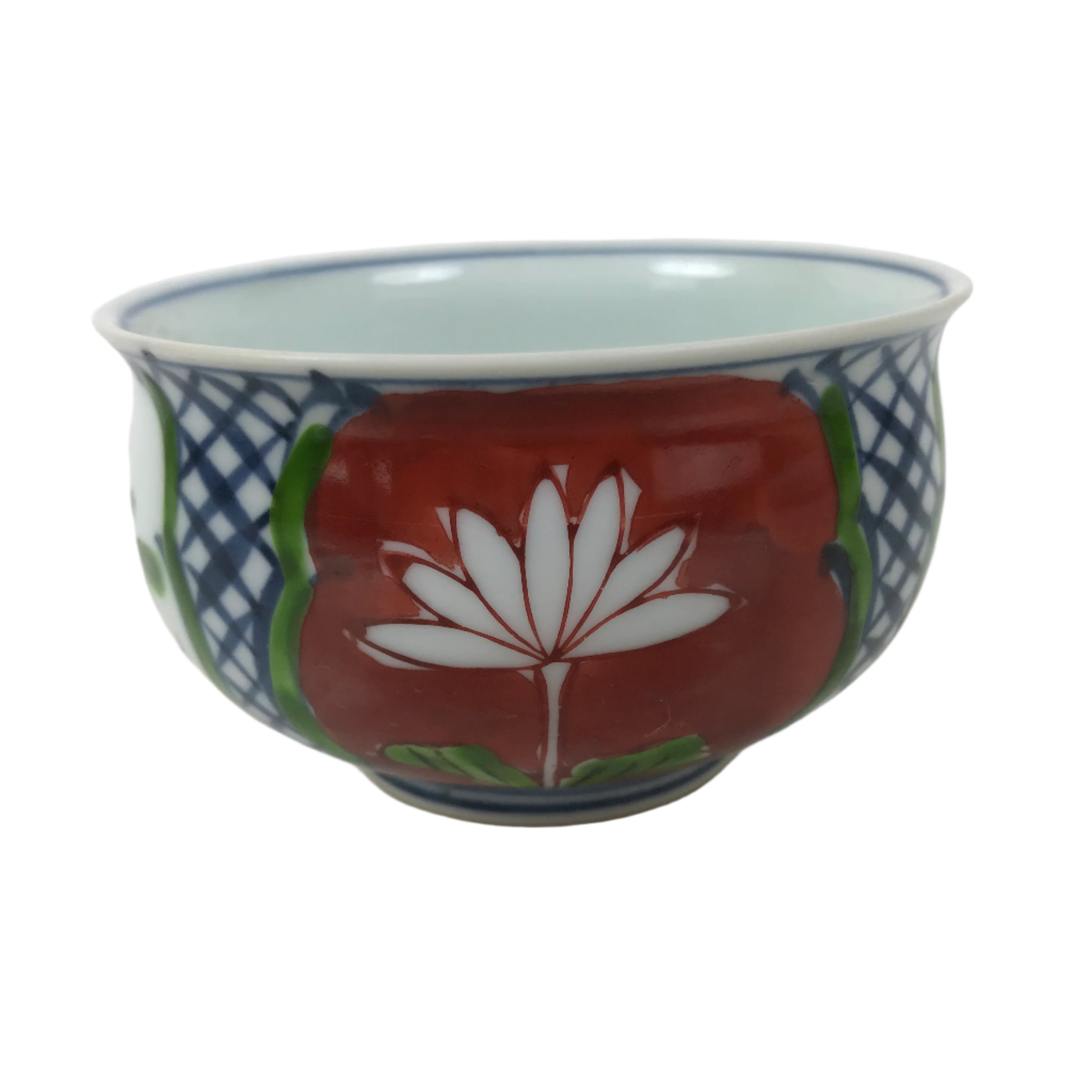 Japanese Arita Porcelain Teacup Vtg Red Blue Lotus Flower Sencha Yunomi TC574