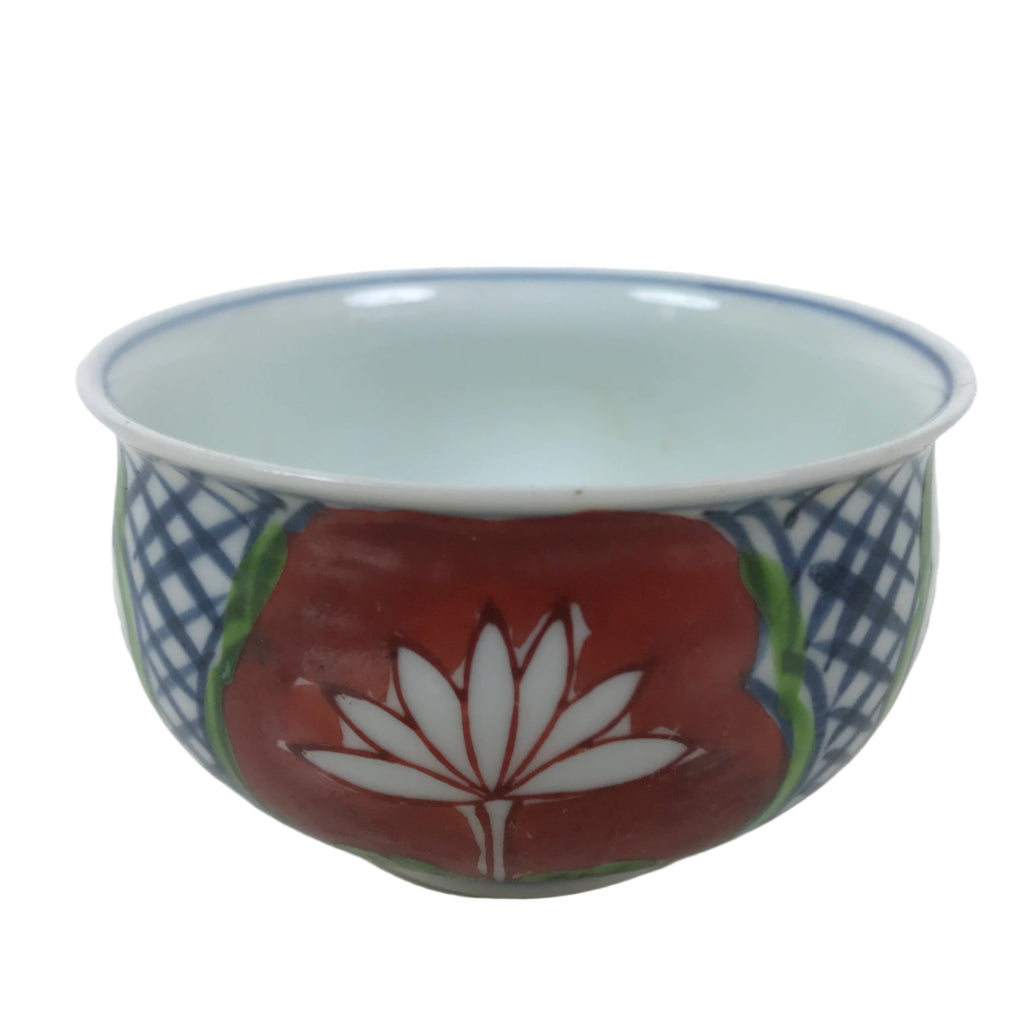Japanese Arita Porcelain Teacup Vtg Red Blue Lotus Flower Sencha Yunomi TC576
