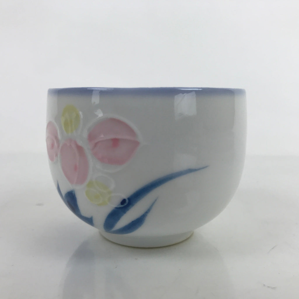 Japanese Arita Ware Porcelain Teacup Vtg Pink Iris Flower White Yunomi TC477