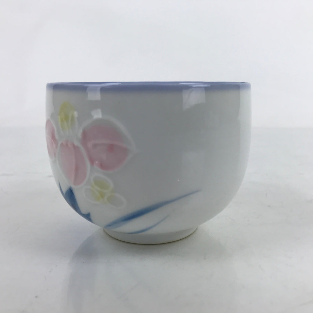 Japanese Arita Ware Porcelain Teacup Vtg Pink Iris Flower White Yunomi TC479