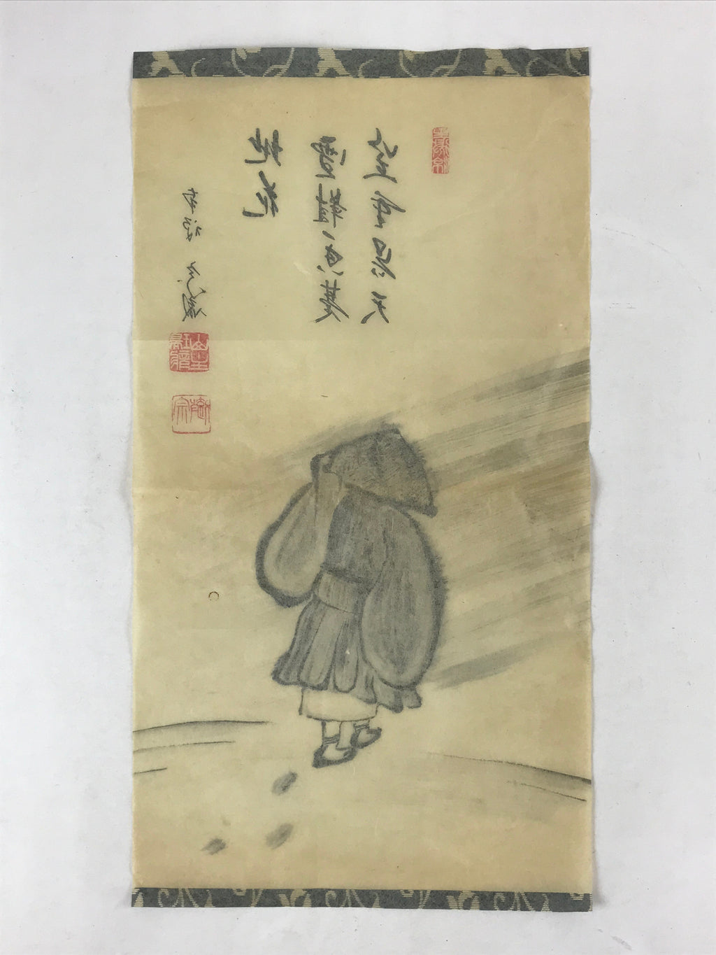 Japanese Art Calligraphy Reproduction Vtg People Walking Snow Zen Kakejiku FL266