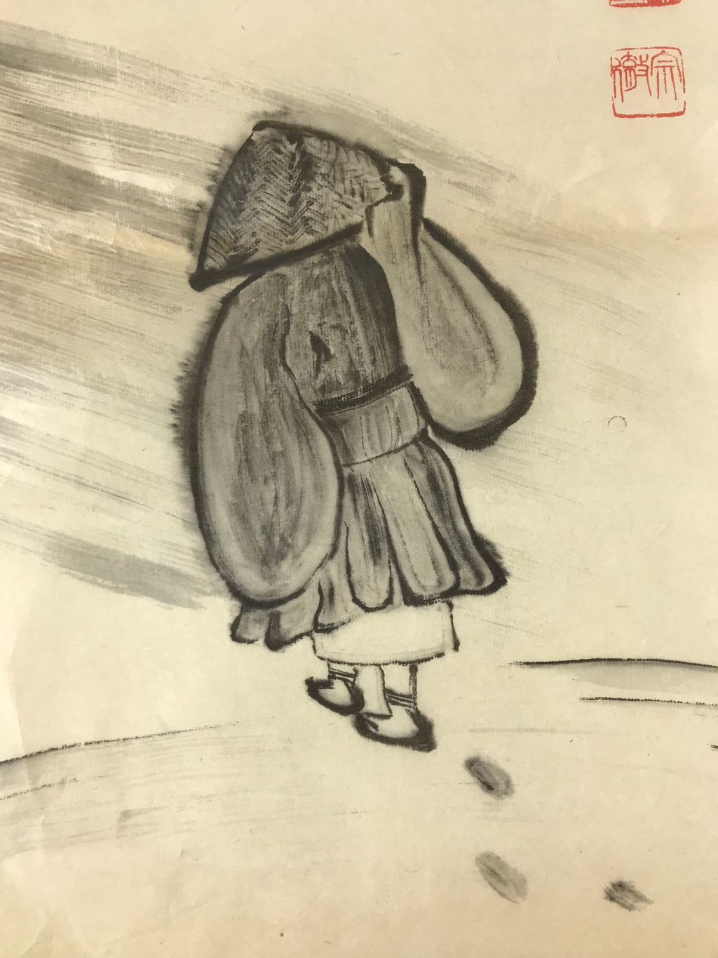 Japanese Art Calligraphy Reproduction Vtg People Walking Snow Zen Kakejiku FL266