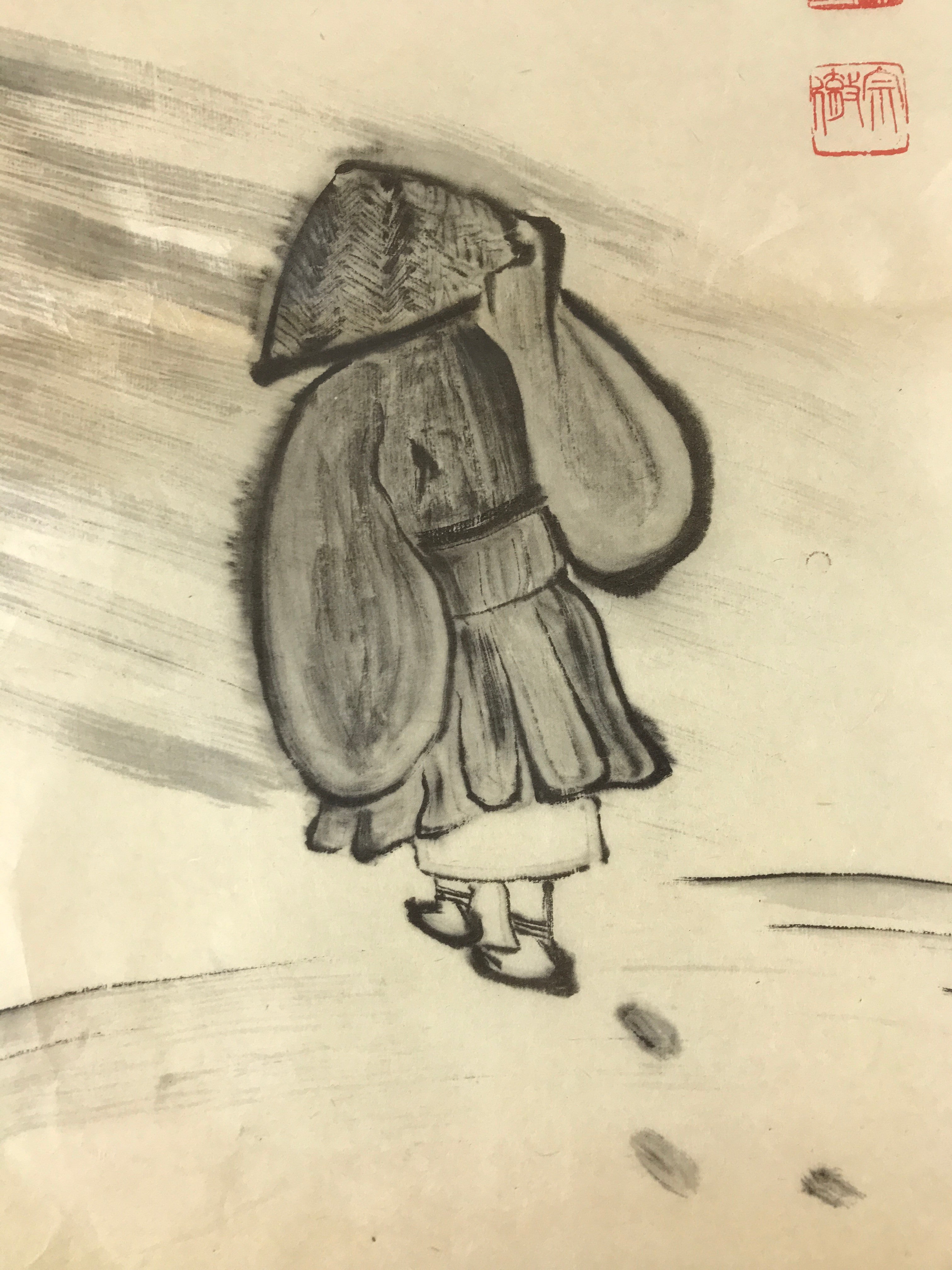 Japanese Art Calligraphy Reproduction Vtg People Walking Snow Zen Kakejiku FL266