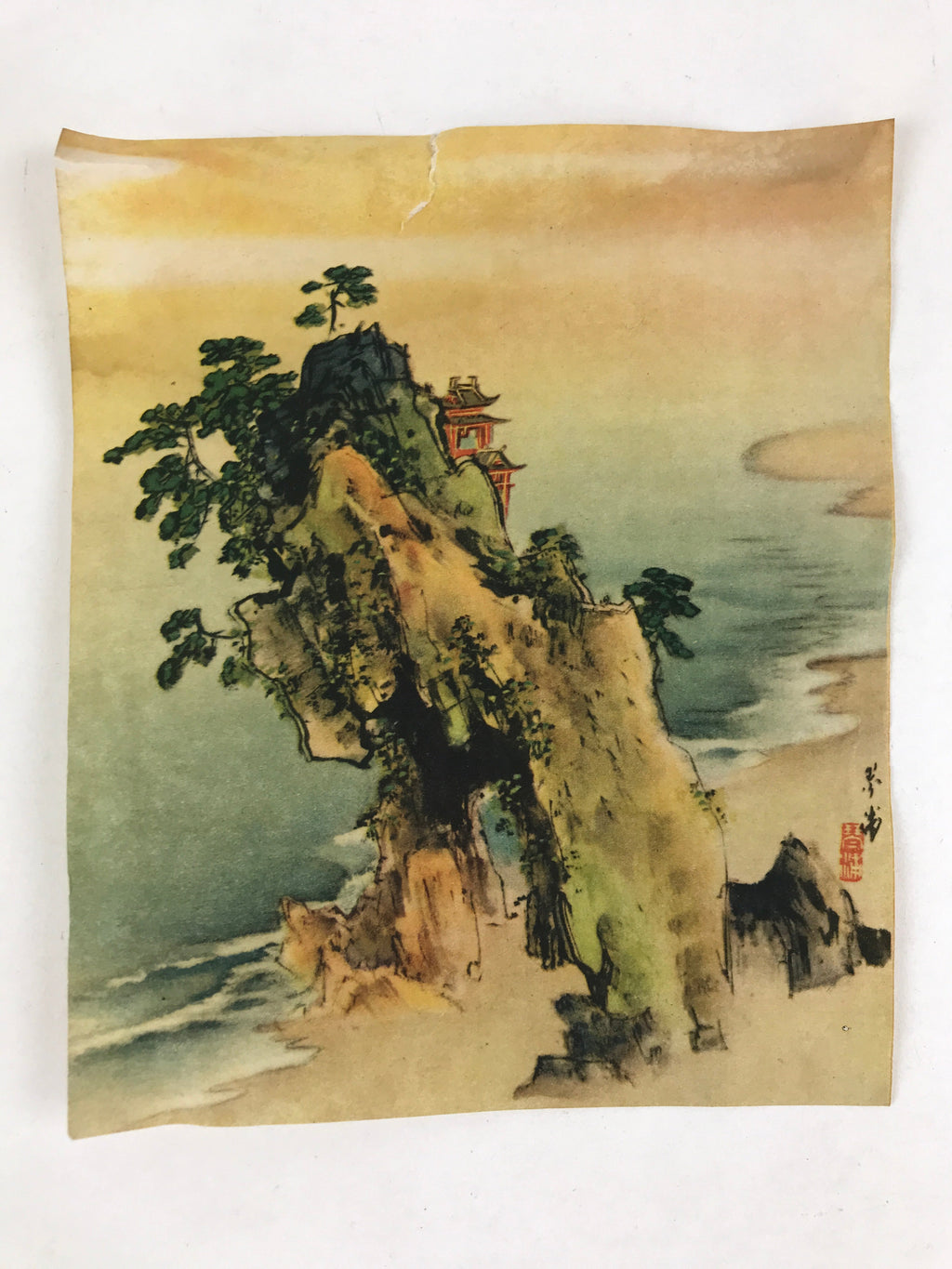 Japanese Art Print Drawing Vtg Shrine Ocean Rock White Signature Seal FL252