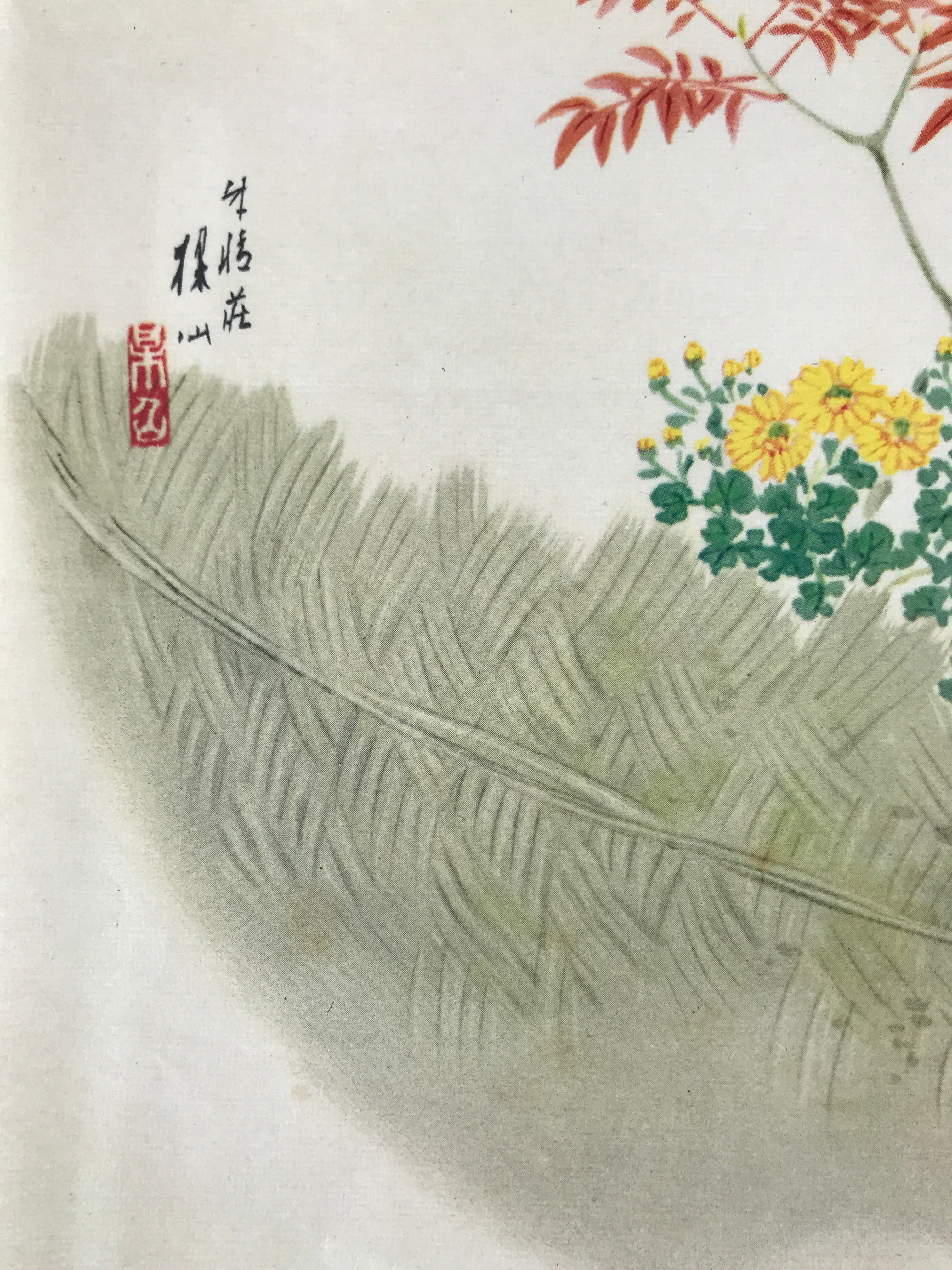 Japanese Art Print Reproduction Chrysanthemum Red Leaves Floral Painting P363