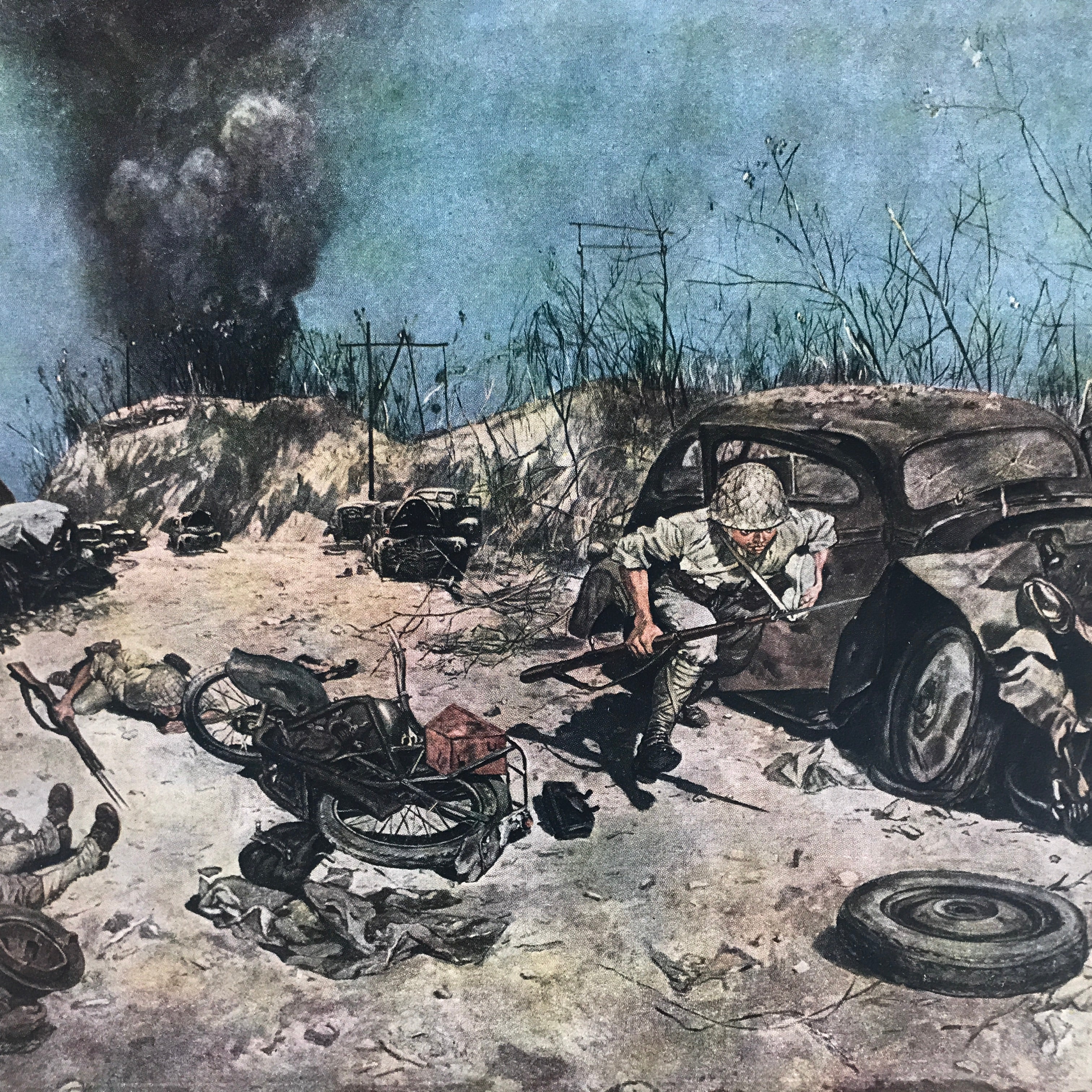 Japanese Art Print Reproduction Military Alley Smoke WWII War Paper Color FL491