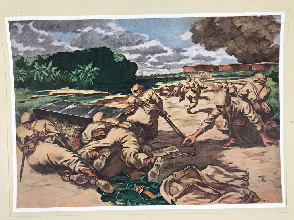 Japanese Art Print Reproduction Military Parachutists Oil Refinery WWII FL482