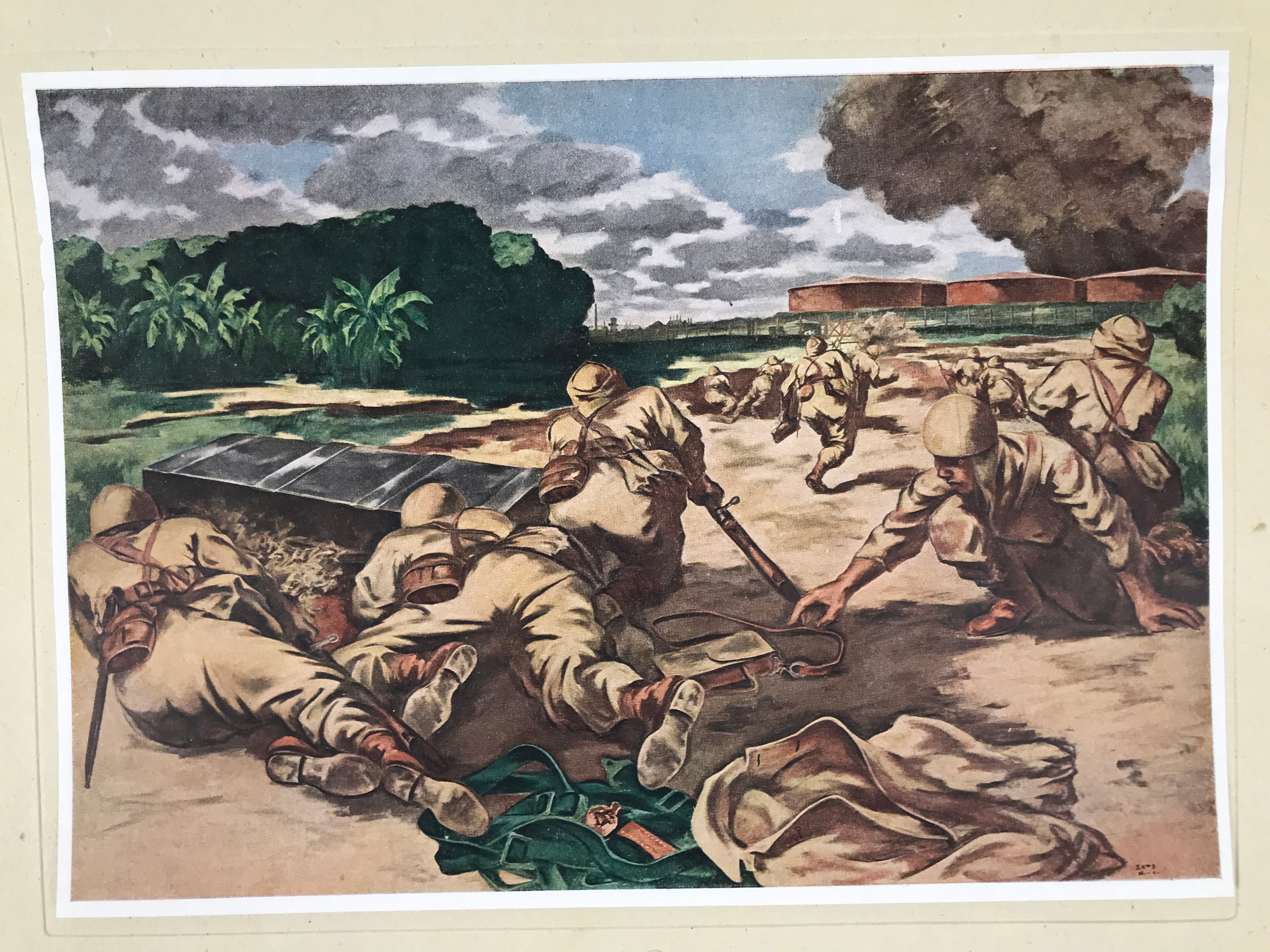 Japanese Art Print Reproduction Military Parachutists Oil Refinery WWII FL482