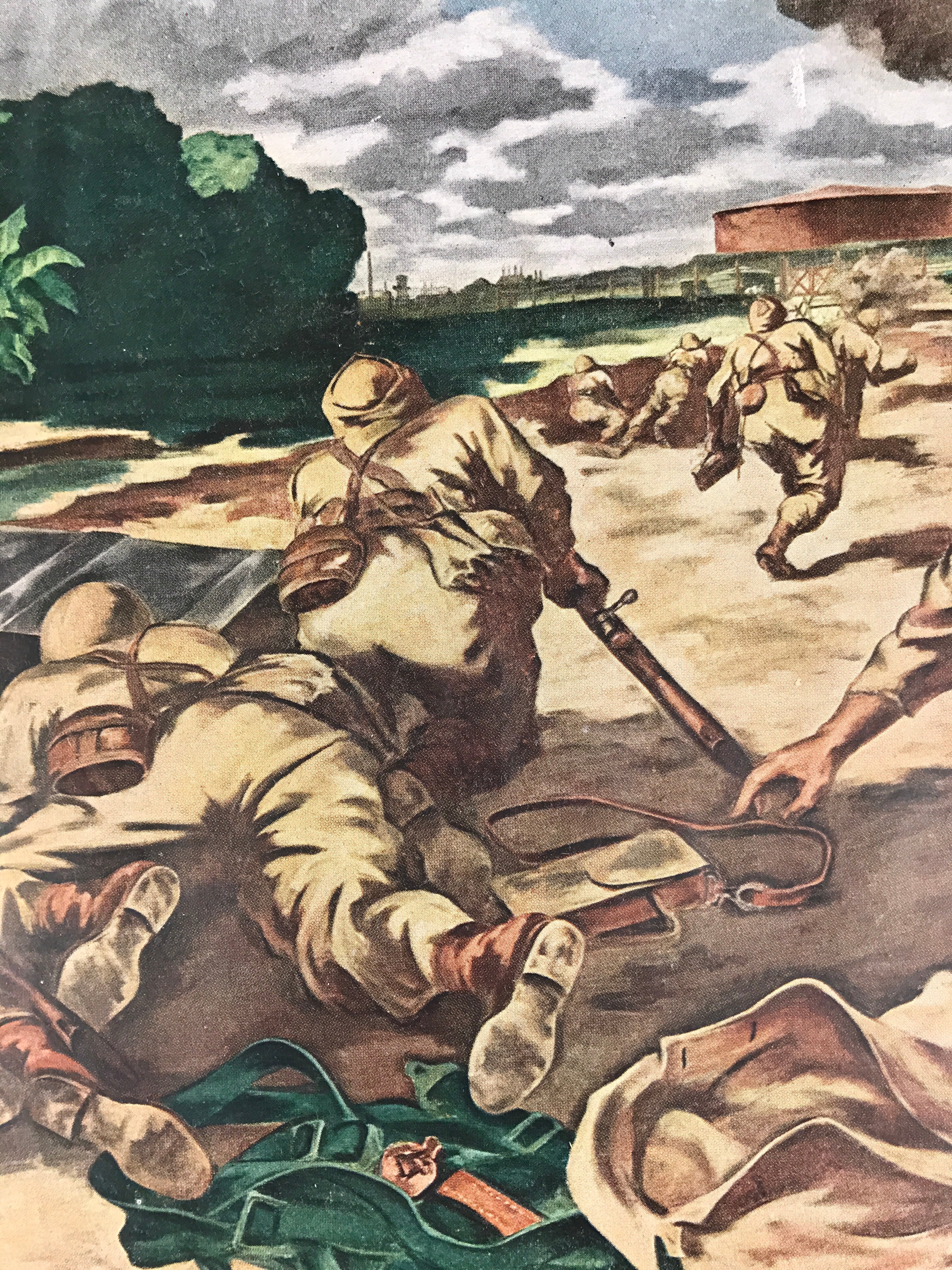 Japanese Art Print Reproduction Military Parachutists Oil Refinery