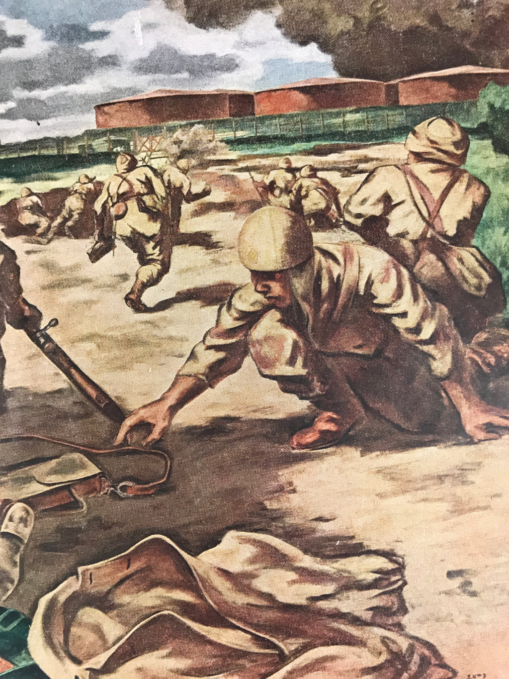 Japanese Art Print Reproduction Military Parachutists Oil Refinery WWII FL482