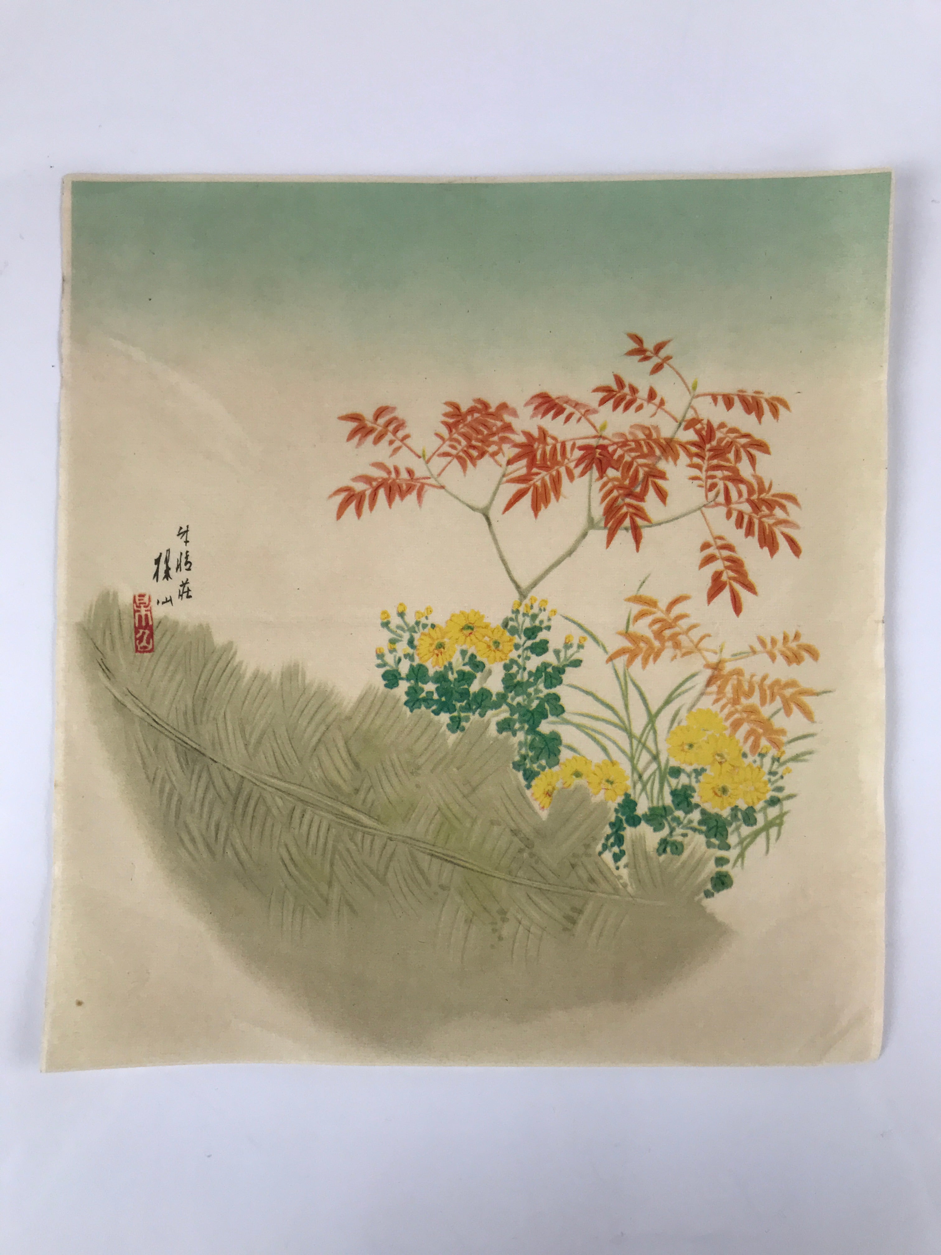 Japanese Art Print Reproduction Red Leaves Chrysanthemum Painting Floral P364